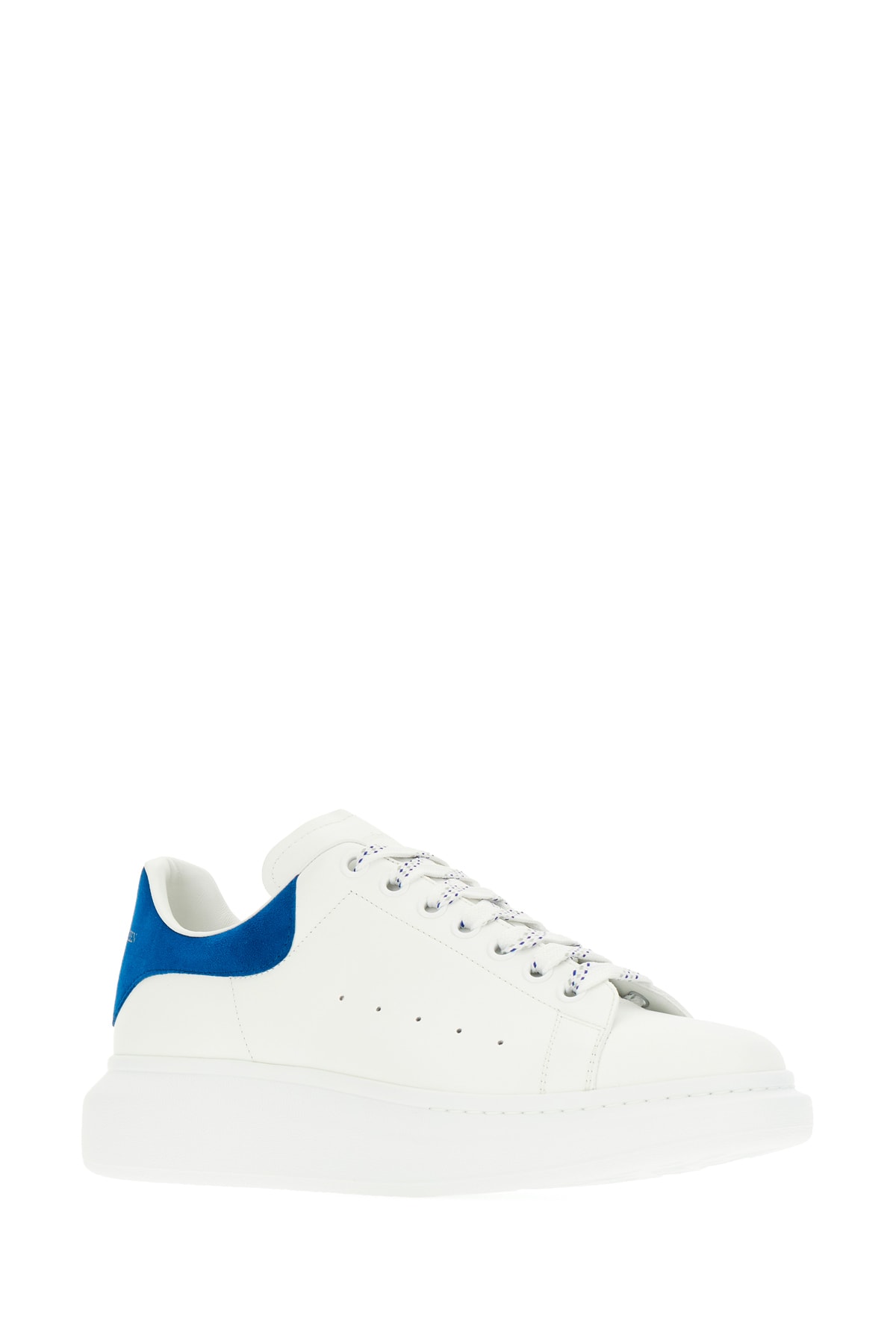 Shop Alexander Mcqueen White Leather Sneakers With Blue Suede Heel In White Navy