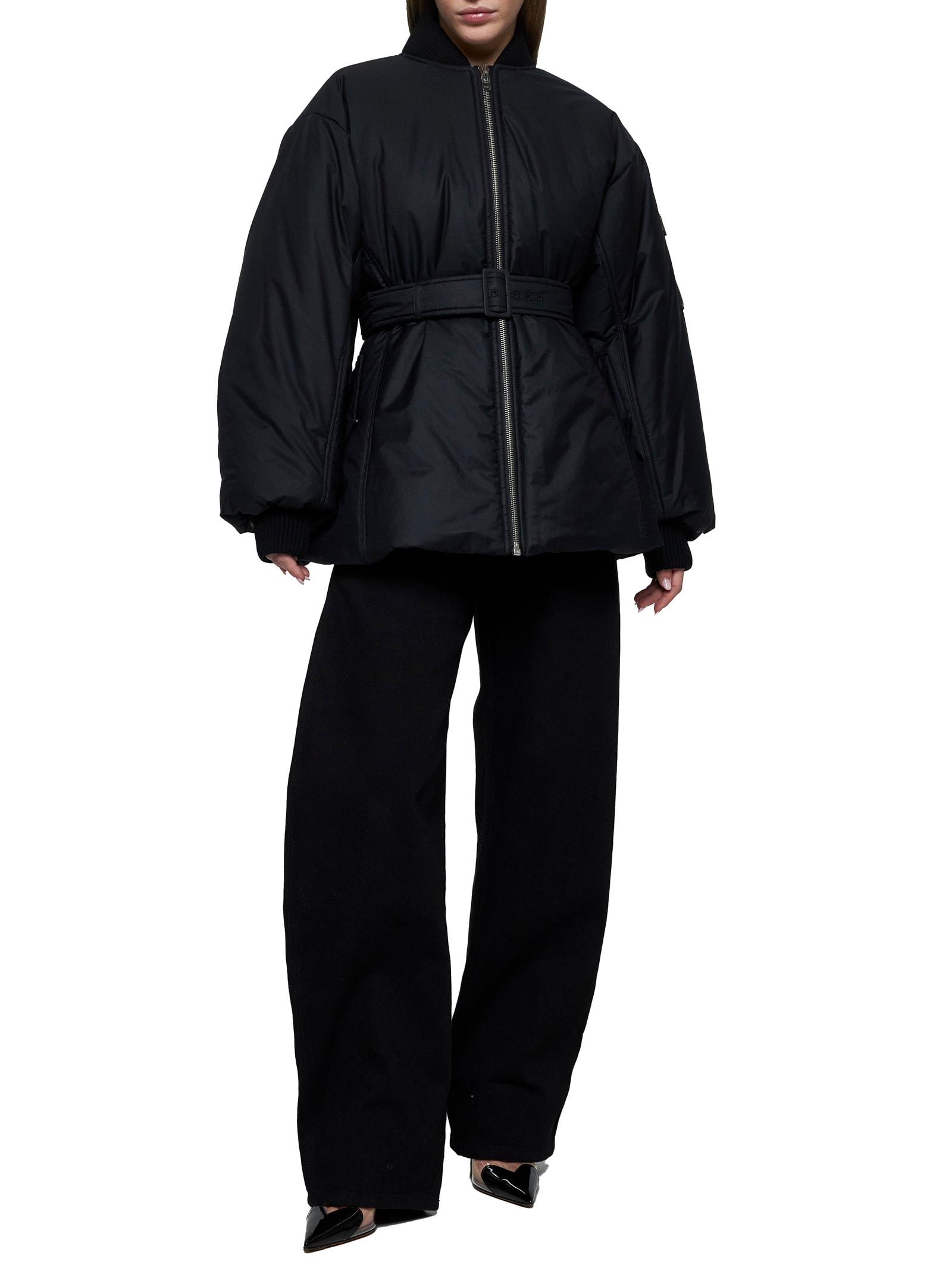 ALAÏA BLACK TECHNICAL TWILL BELTED BOMBER JACKET