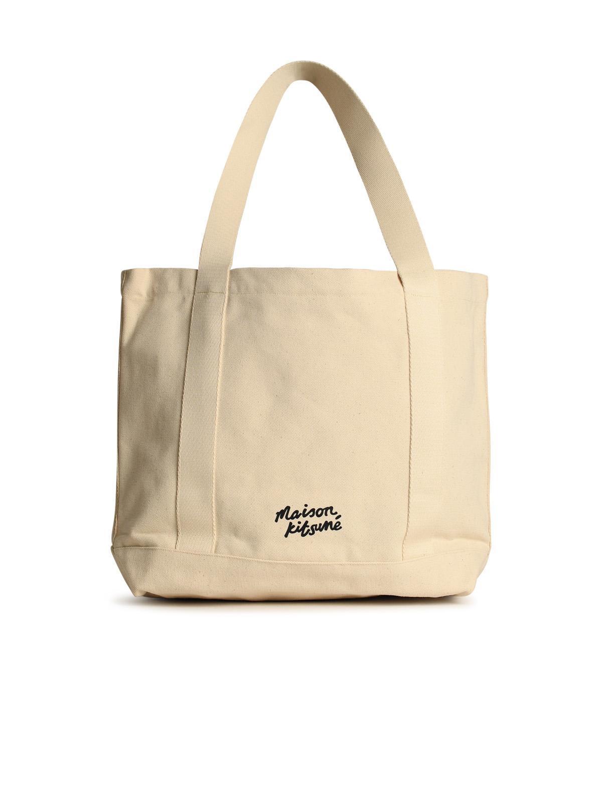 MAISON KITSUNÉ FOX HEAD LIGHT BEIGE COTTON SHOPPING BAG