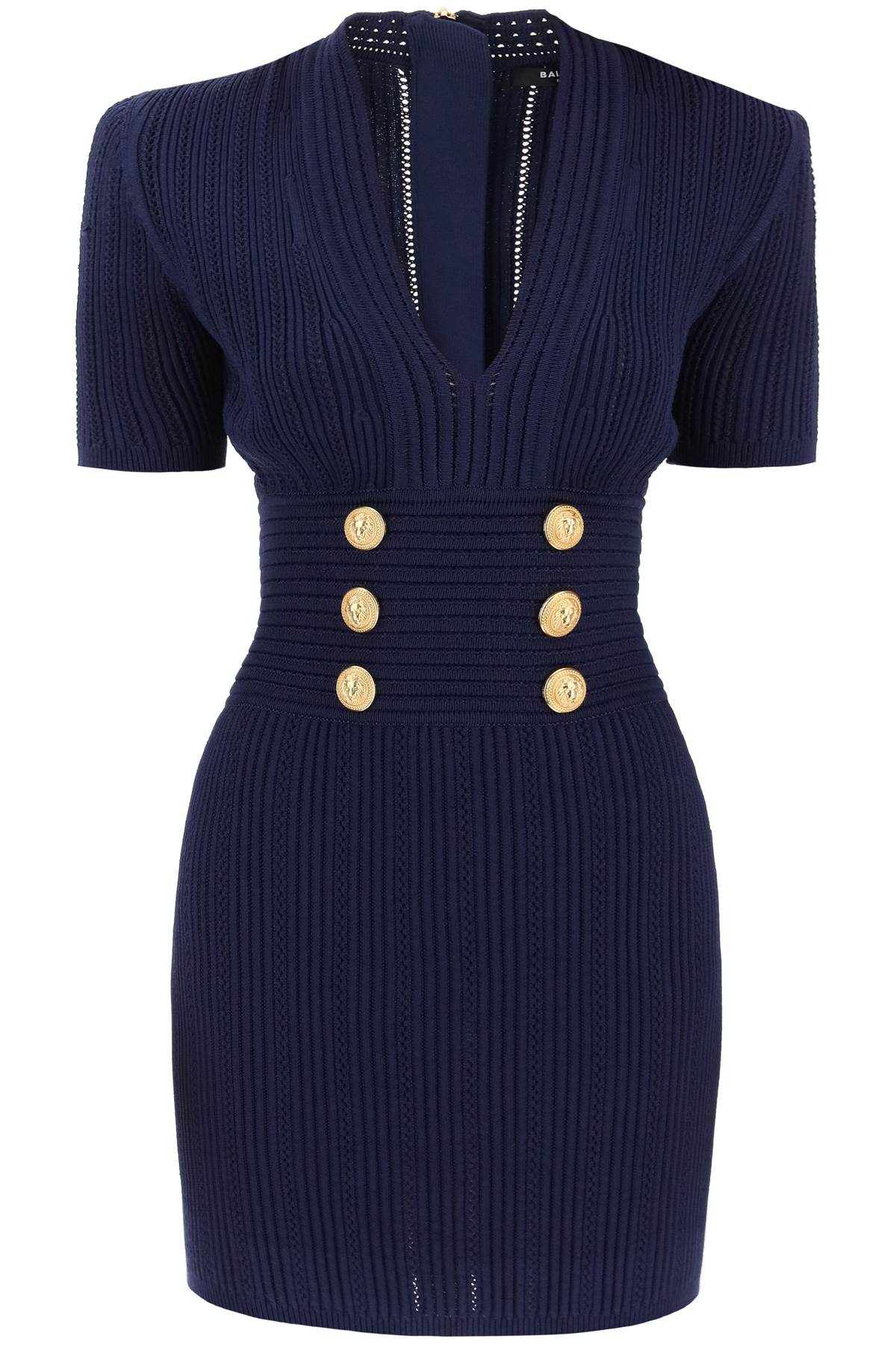Shop Balmain Knit Minidress With Embossed Buttons In Marine (blue)