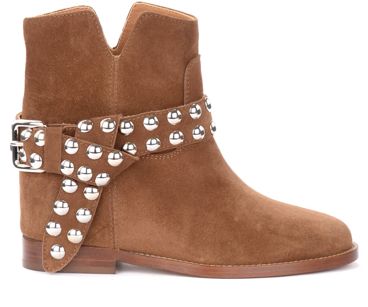 Via Roma 15 Ankle Boots In Leather-coloured Suede With Studded Strap