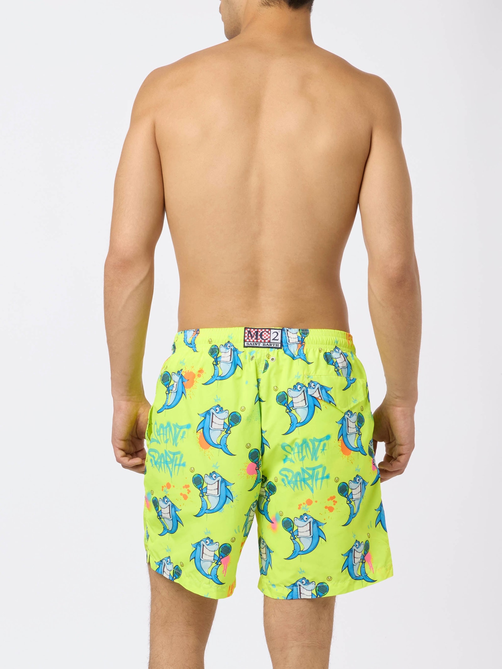 Mc2 Saint Barth Man Lightweight Fabric Swim-shorts Lighting With Cryptopuppets Print Cryptopuppets Special Edition In Fluo