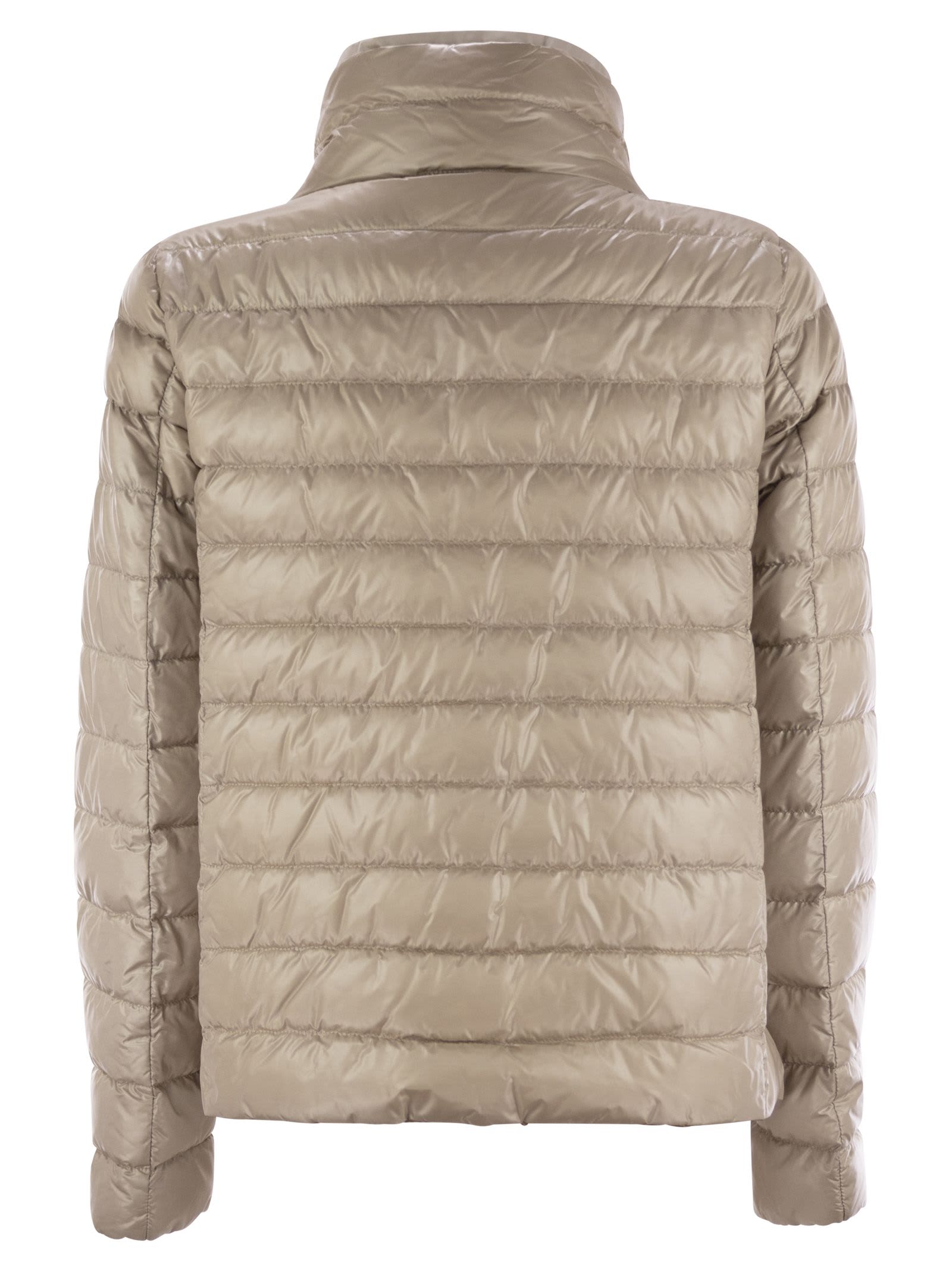 Herno Light Gray Reversible High Neck Down Jacket In Technical Fabric Woman In Beige/camel