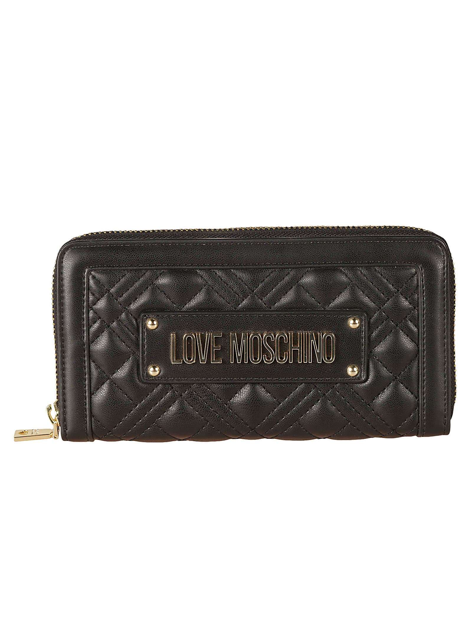 Shop Love Moschino Logo Plaque Quilted Zip-around Wallet In Black