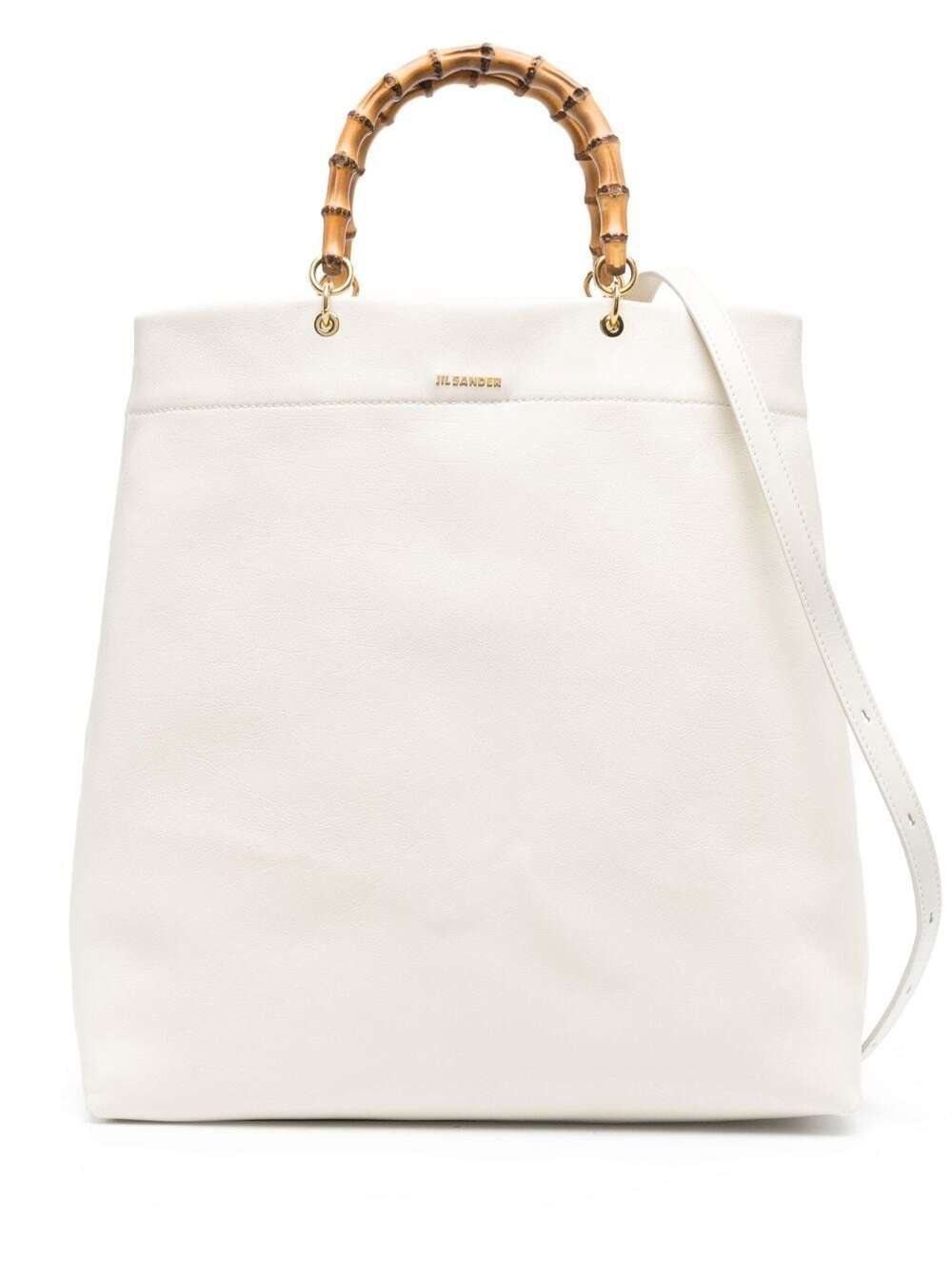 Jil Sander Bamboo Tote Leather Shopper Bag With Bamboo Handles And Printed  Logo On The Front In White
