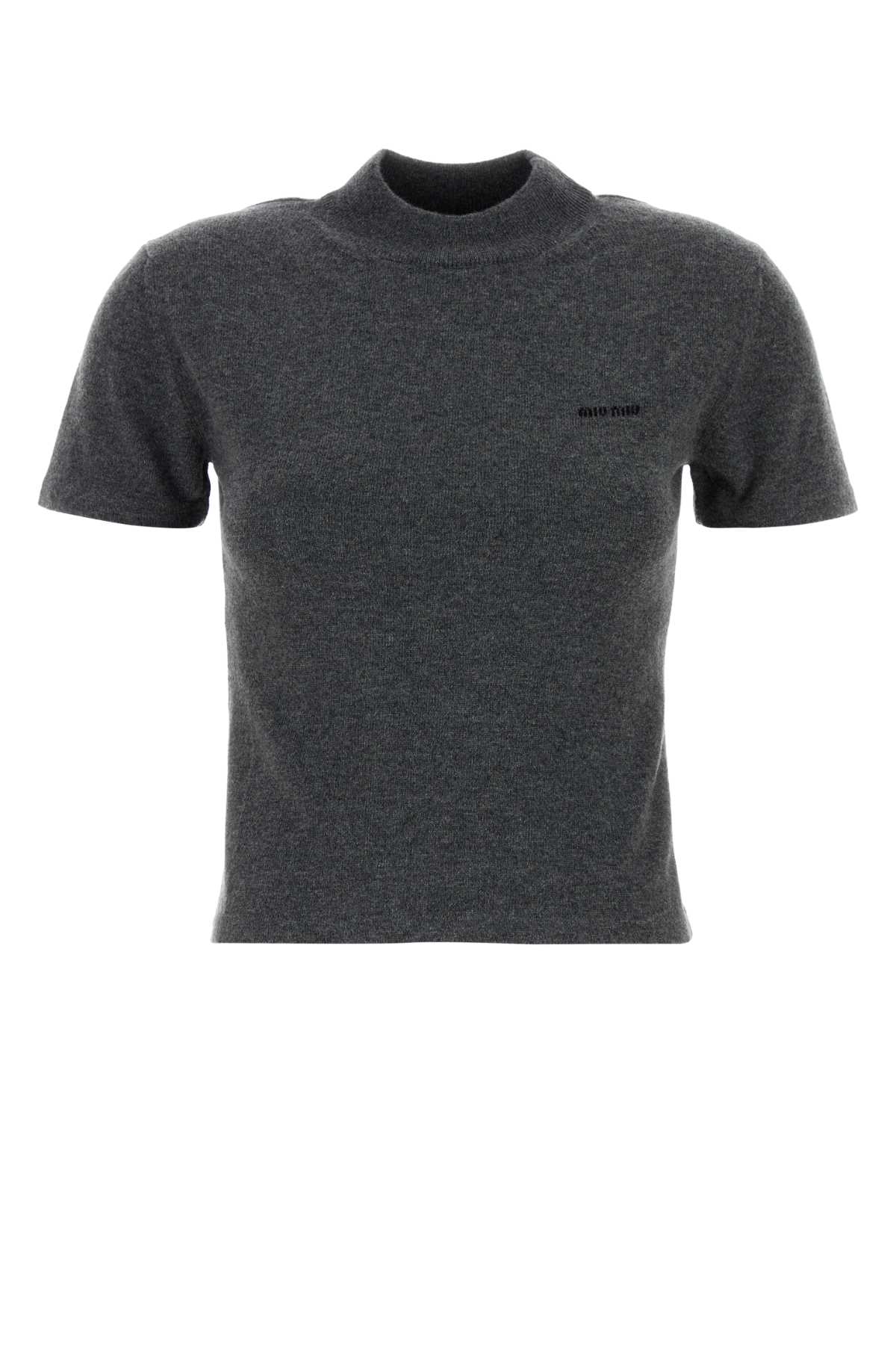 Miu Miu Cashmere Sweater With Mock Neck And Short Sleeves In Gray