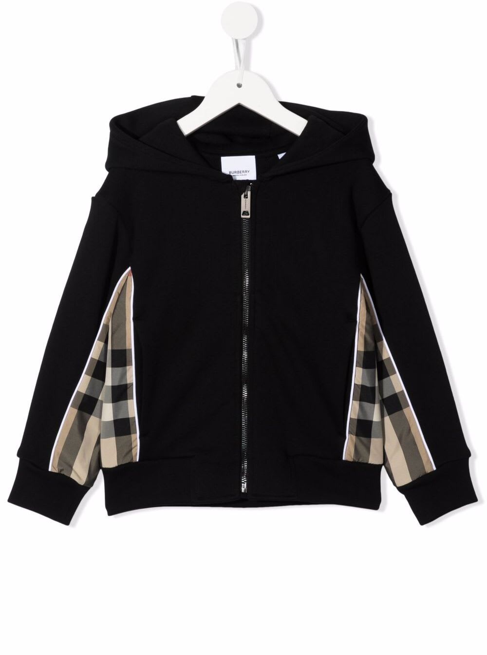 Burberry Black Cotton Hoodie With Vintage Check Insets