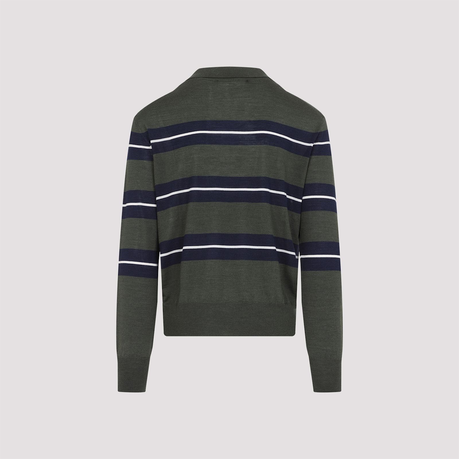 Ami Alexandre Mattiussi Ami Paris Green Polo With All-over Striped Motif And Polo-style Collar In Wool And Silk Blend Man In Loden Navy White Cream