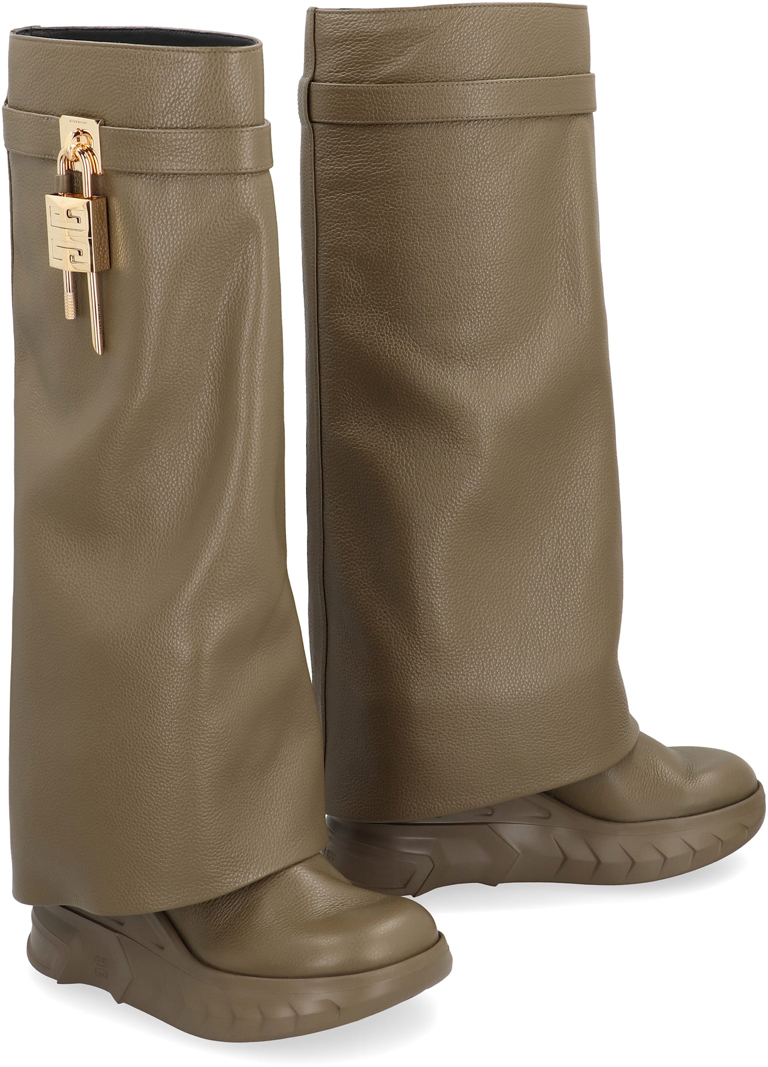 Givenchy Shark Lock Biker Boots In Grained Leather In Green