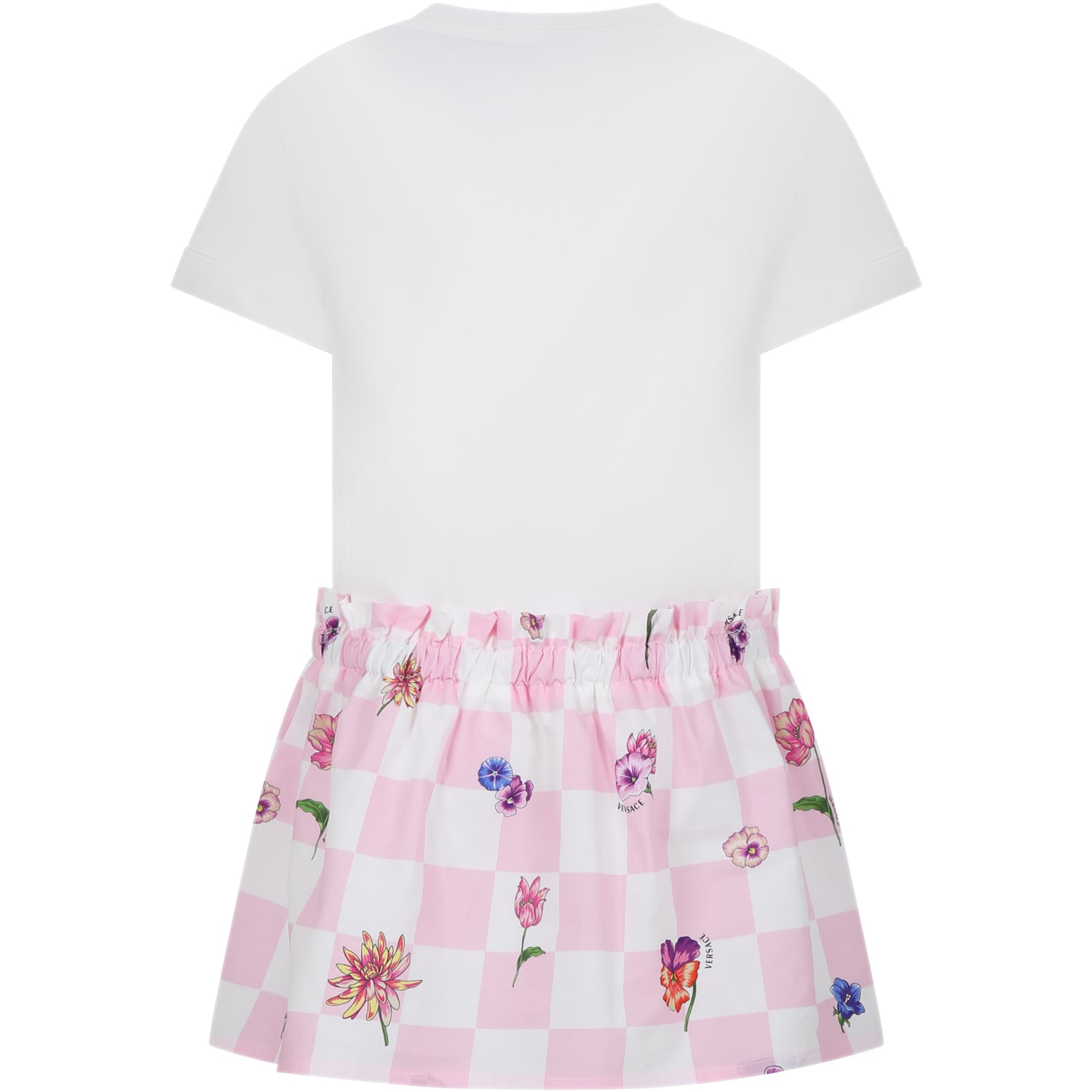 Shop Versace White Dress For Girl With Multicolor Print In Bianco E Rosa
