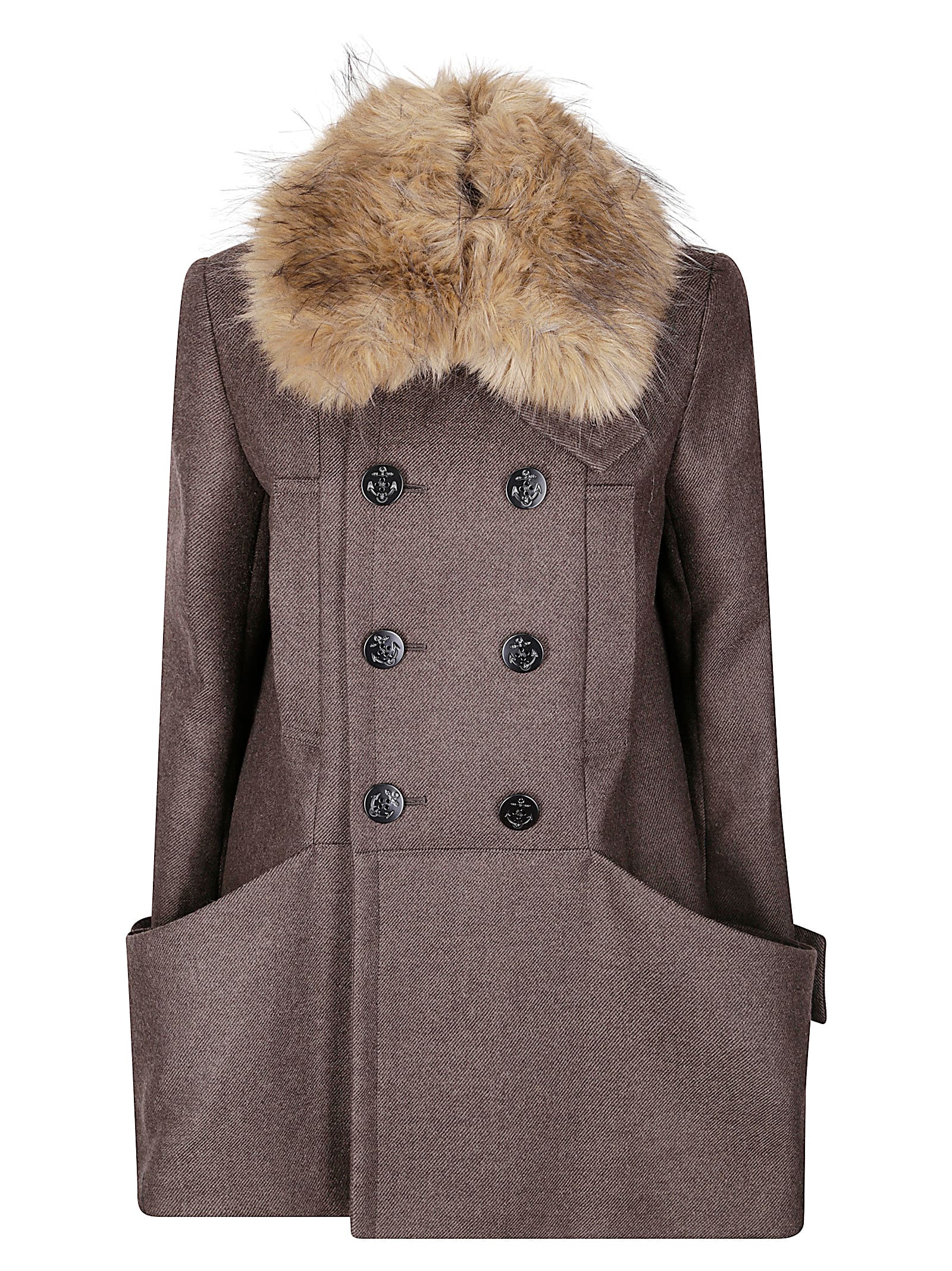 Sacai Fur-collar Double-breasted Wool Coat In Brown