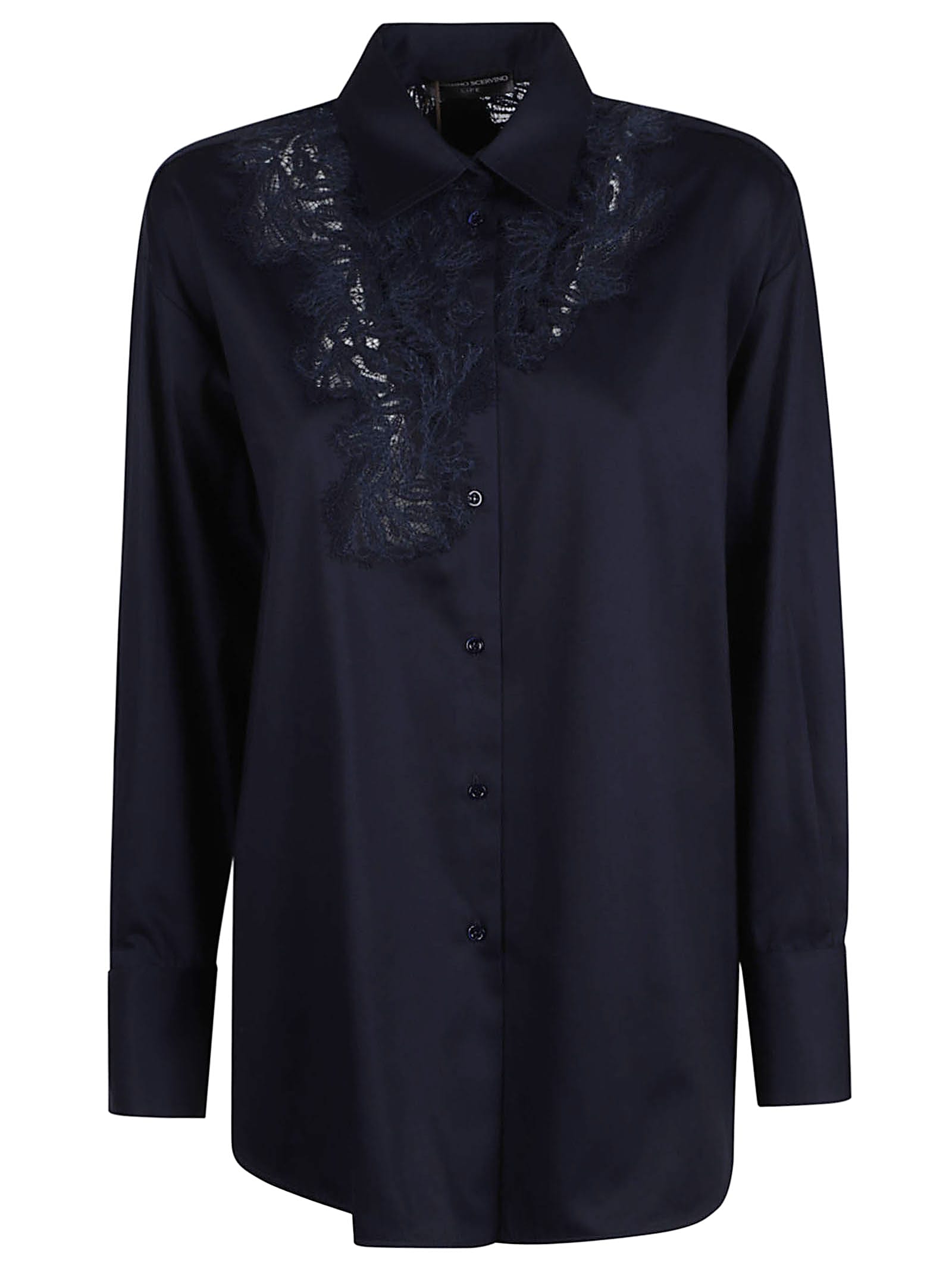 Ermanno Scervino Long Sleeve Collared Lace Detail Top In Blue