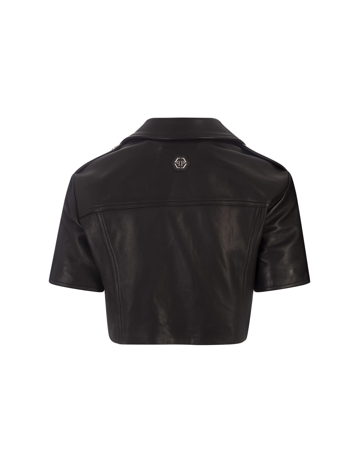 Shop Philipp Plein Black Leather Cropped Biker Short Sleeve Jacket