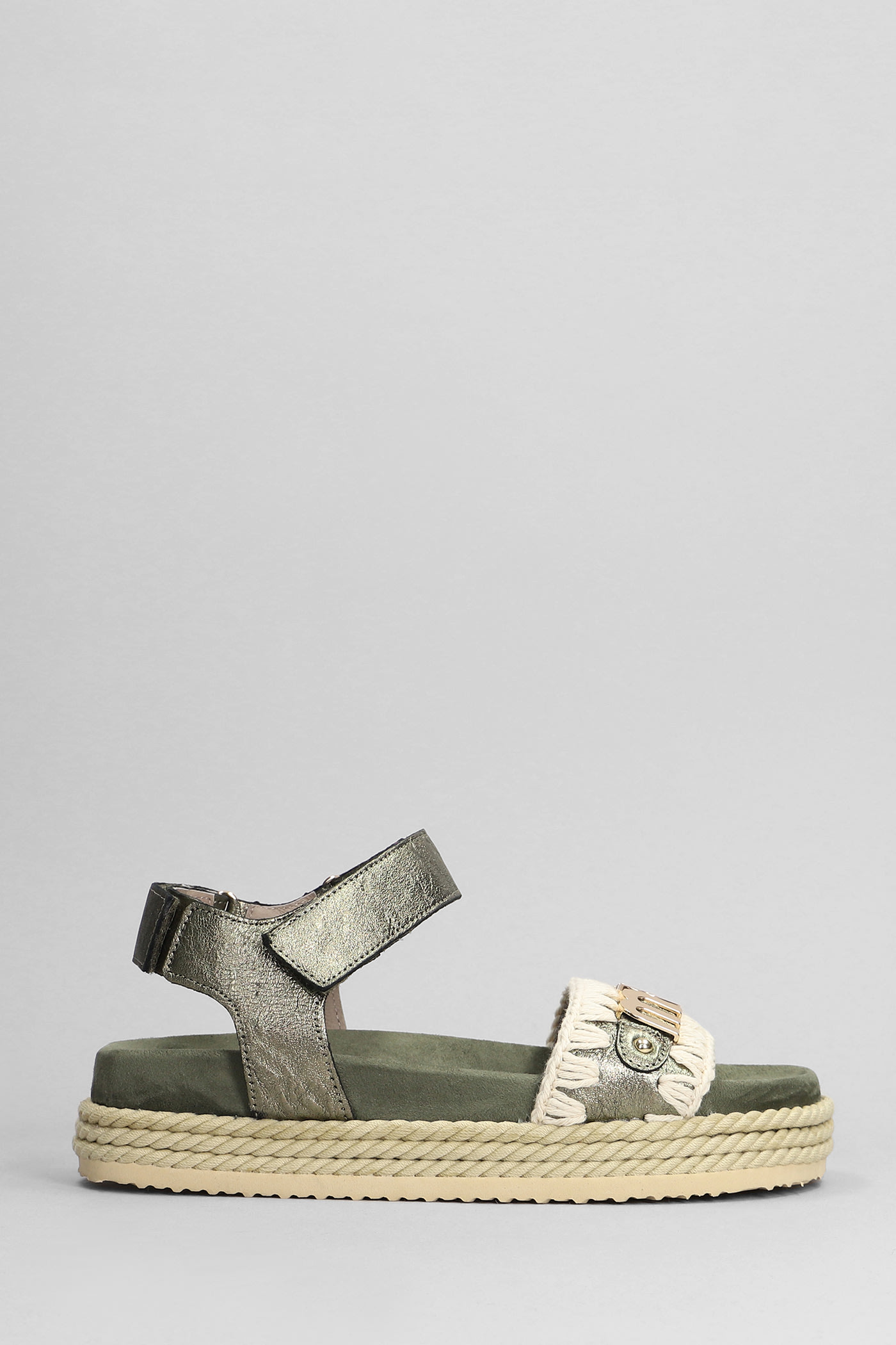Rope Bio Sandal Flats In Green Suede And Leather
