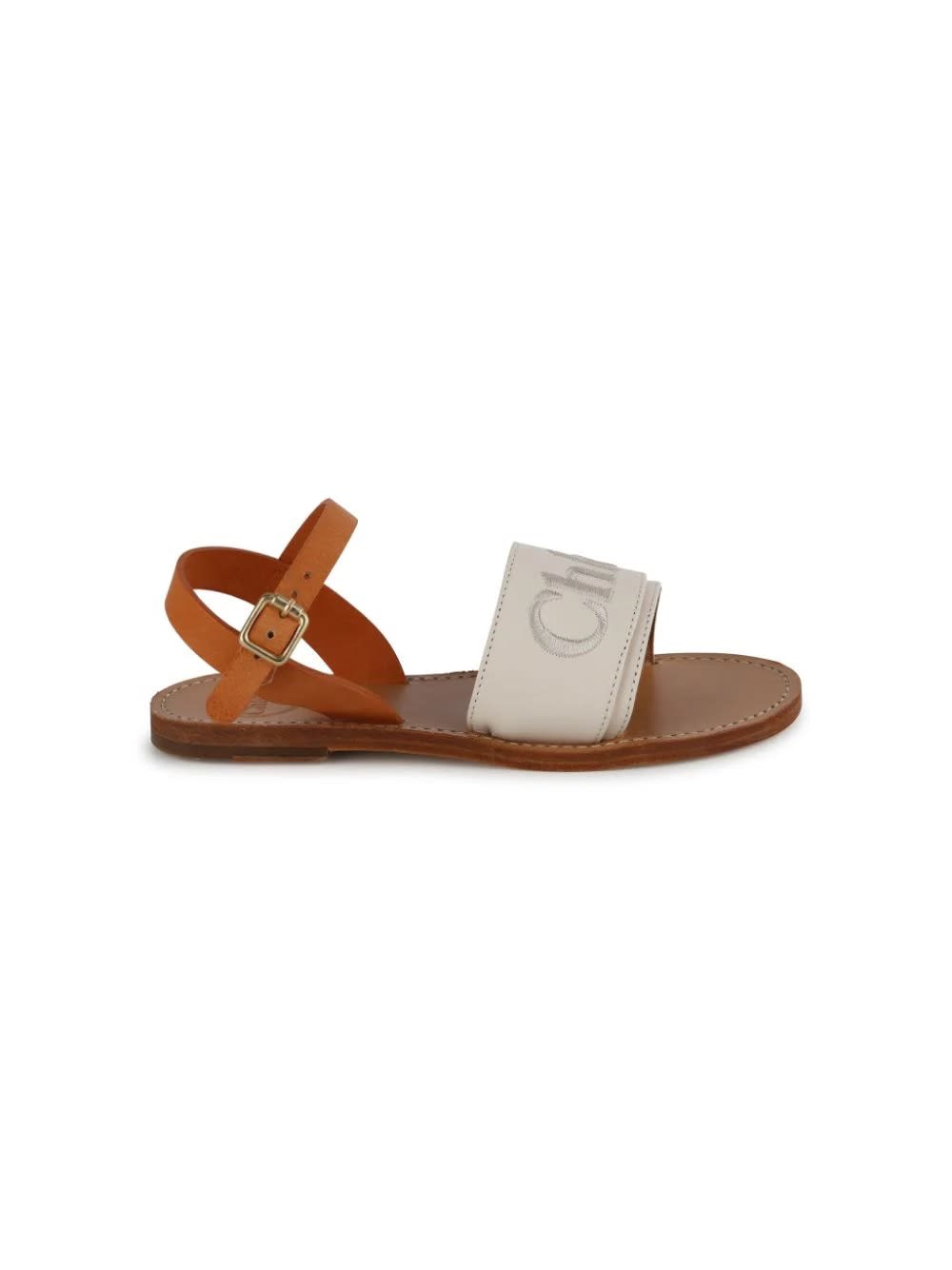 Shop Chloé Cream And Brown Leather Sandals With Embroidered Logo
