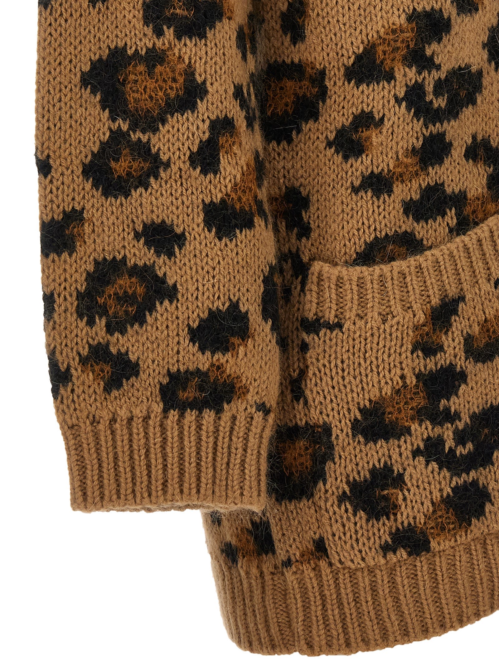 Valentino V-neck Animalier Cardigan Front Pockets In Beige