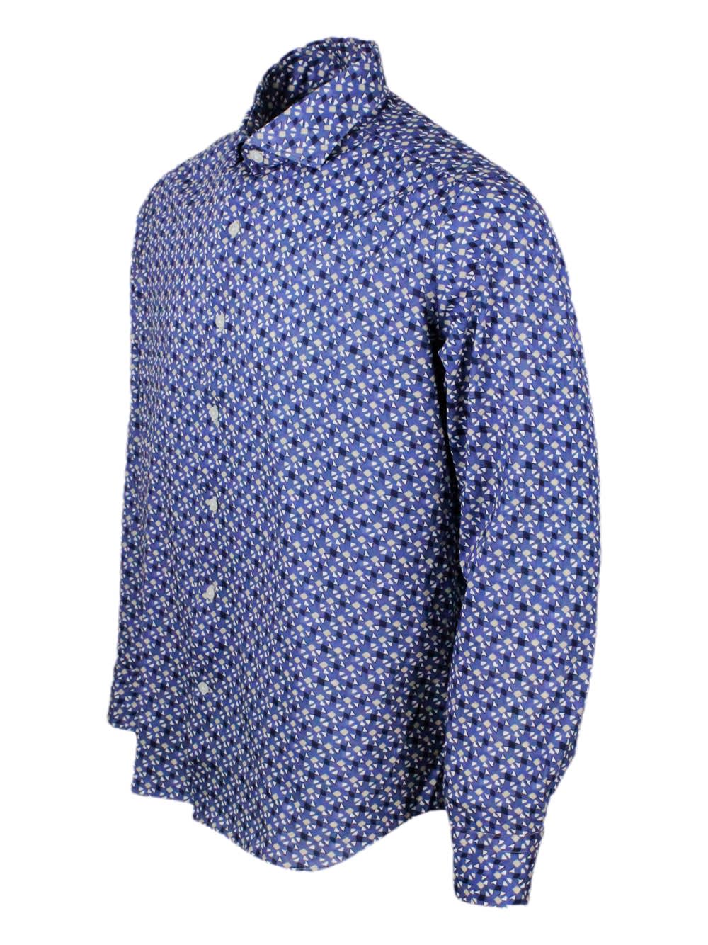 Shop Sonrisa Luxury Shirt In Soft, Precious And Very Fine Stretch Cotton Flower With Spread Collar In Small Micro In Blu