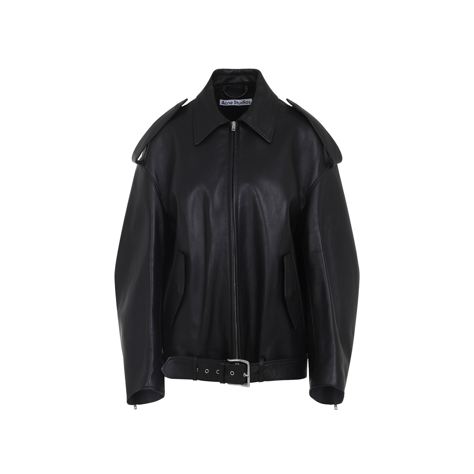 Acne Studios Leather Jacket With Belted Waist And Epaulettes In Black