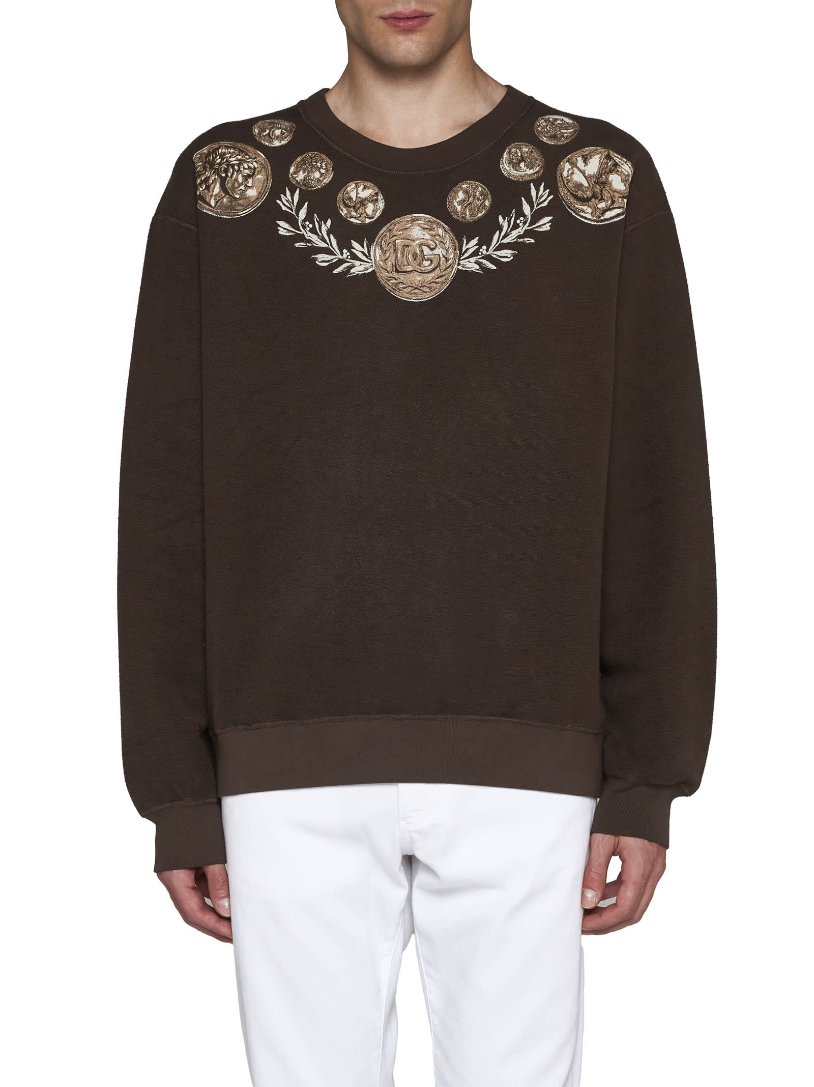 Dolce & Gabbana Coin Print Cotton Sweatshirt In Brown