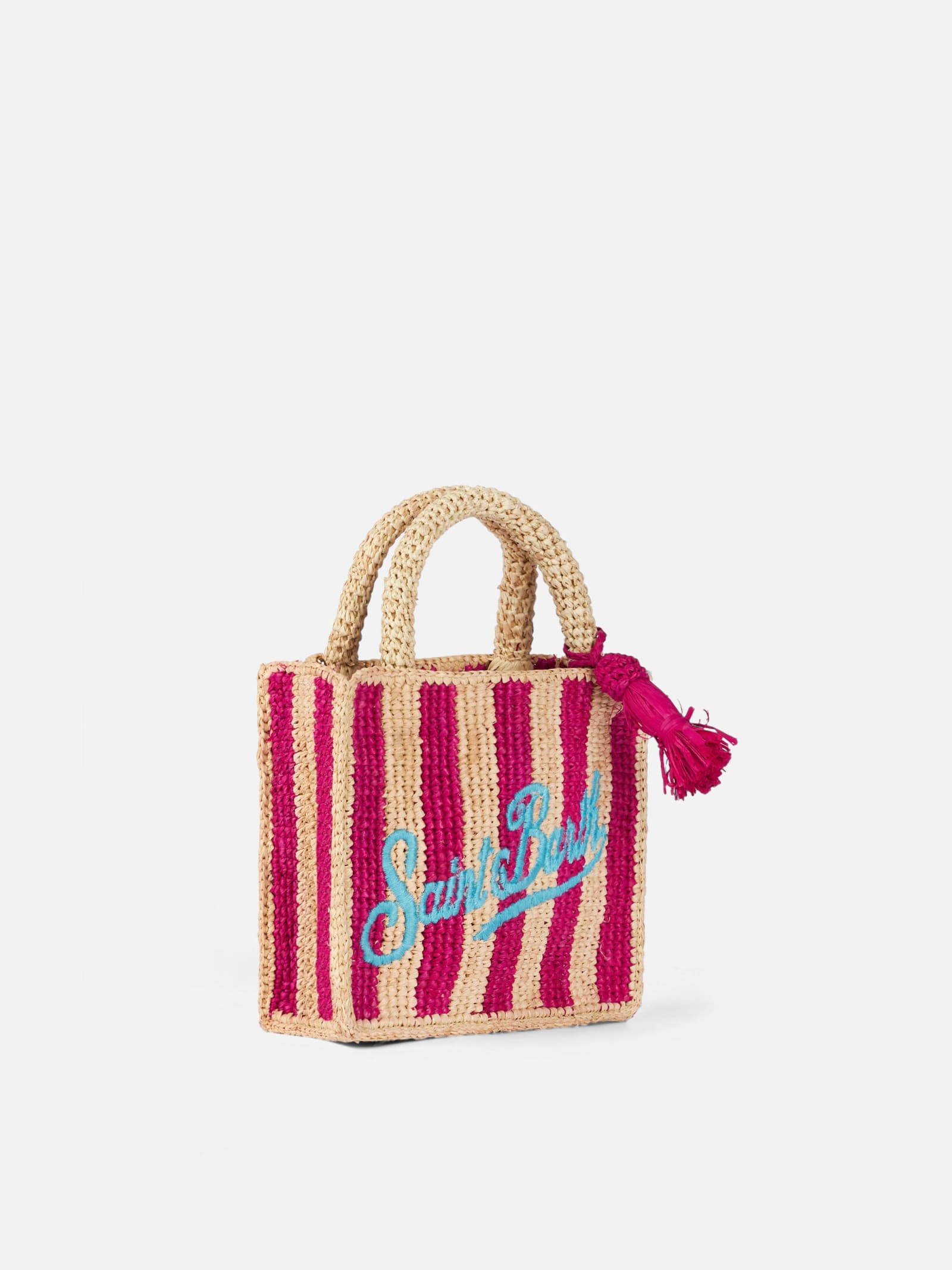 Shop Mc2 Saint Barth Fuchsia Striped Mini Vanity Raffia Bag With Embroidery In Fucsia