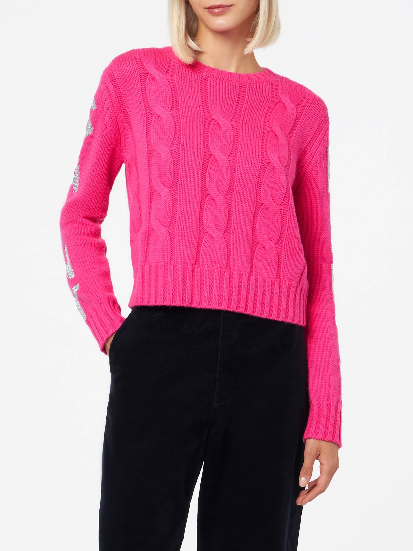 Shop Mc2 Saint Barth Woman Crewneck Braided Sweater With Saint Barth Lurex Print In Pink