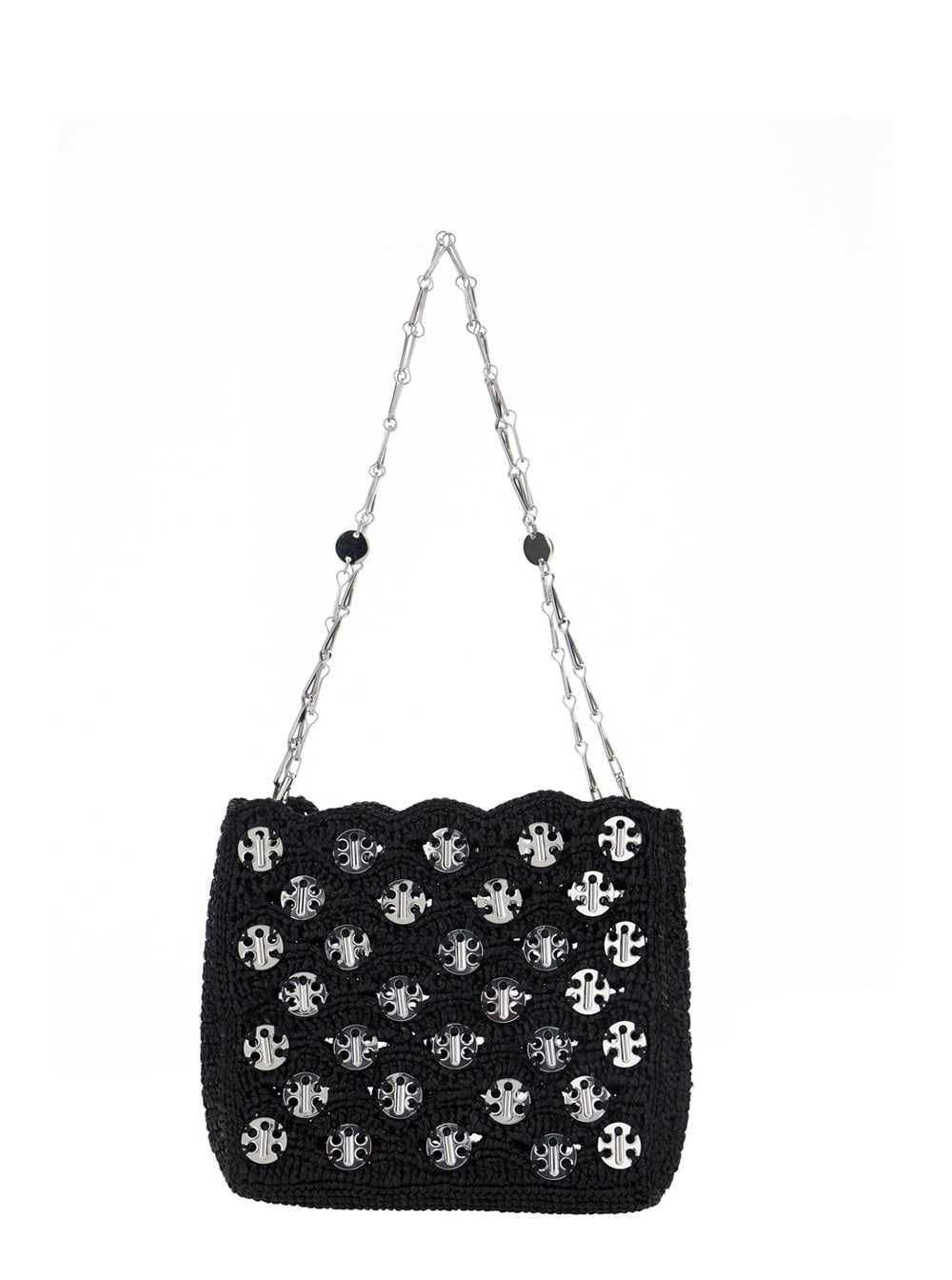 iconic 1969 Black Shoulder Bag With Embedded Metallic Discs In Raphia Woman