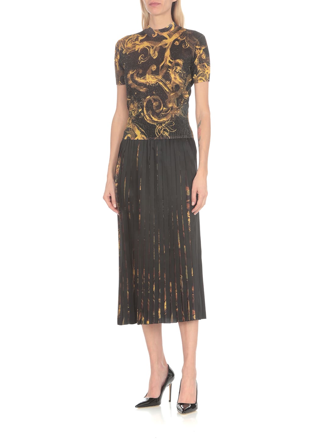Versace Jeans Couture Barocco-print Glitter Knitted Top In Black