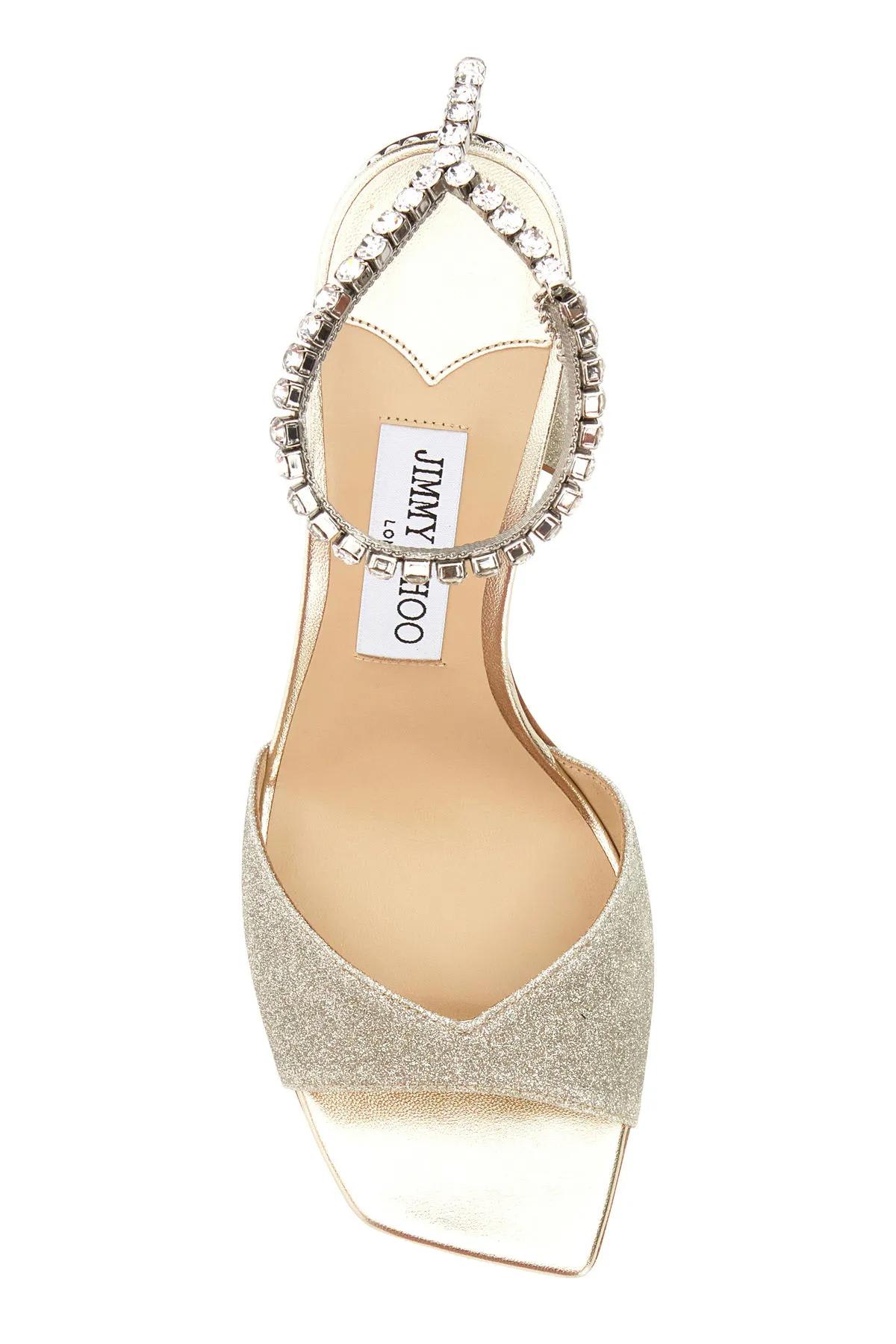 Shop Jimmy Choo Embellished Fabric Saeda 85 Sandals In Platinum Ice/crystal