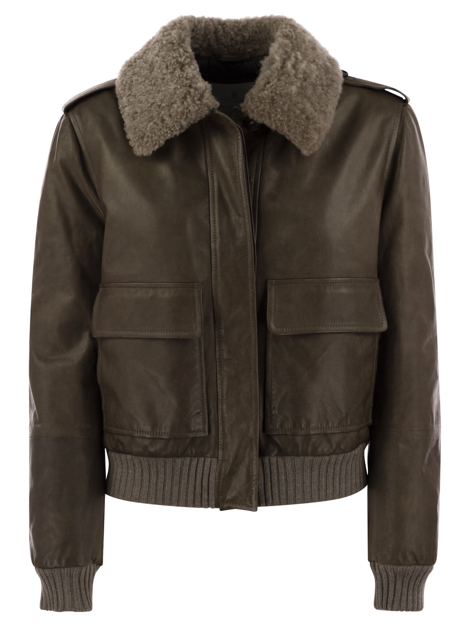 Leather Bomber Jacket And Shearling Collar