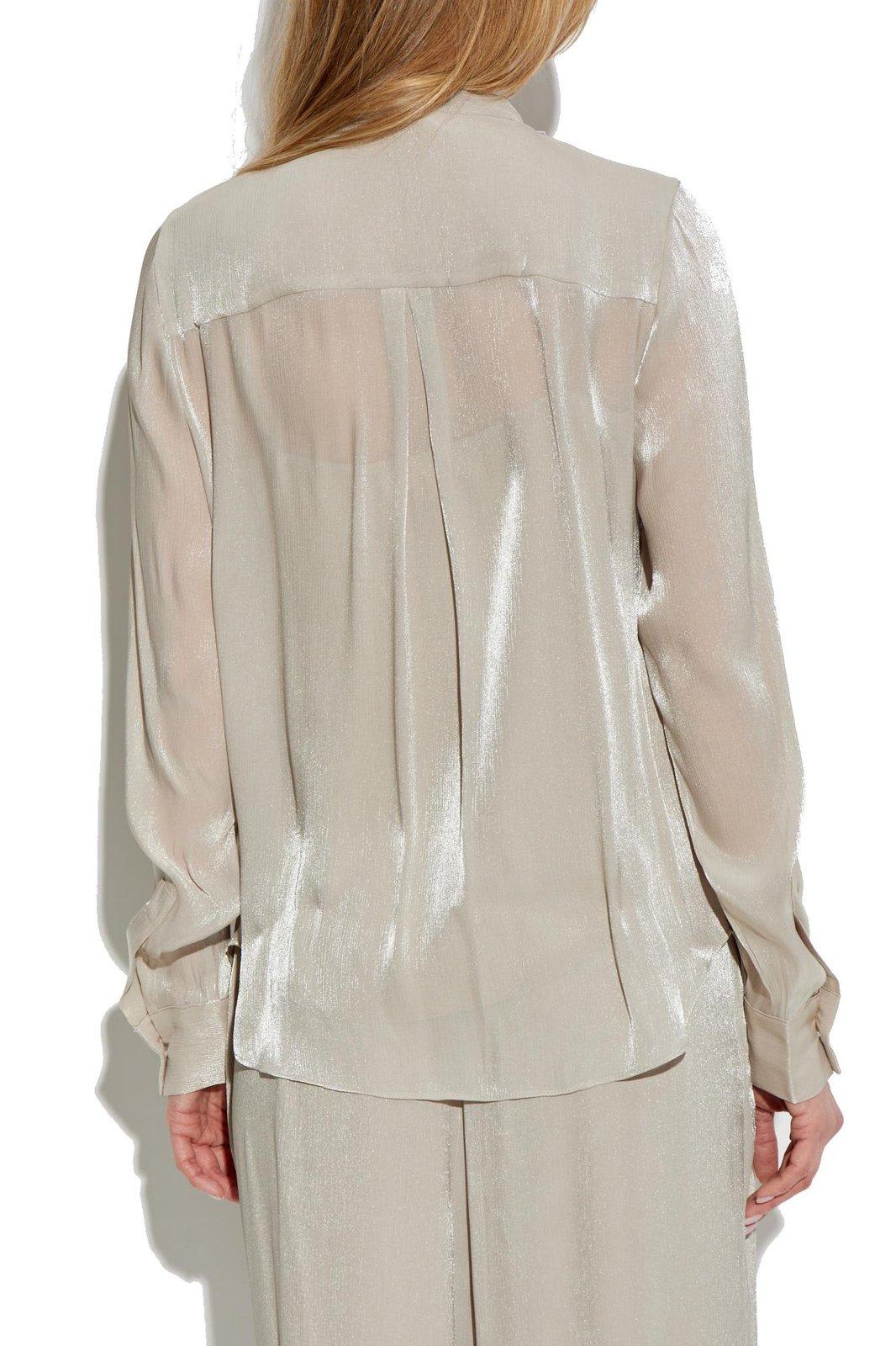 Shop Michael Kors Crinkled Metallic Georgette Tie-neck Blouse In Dune