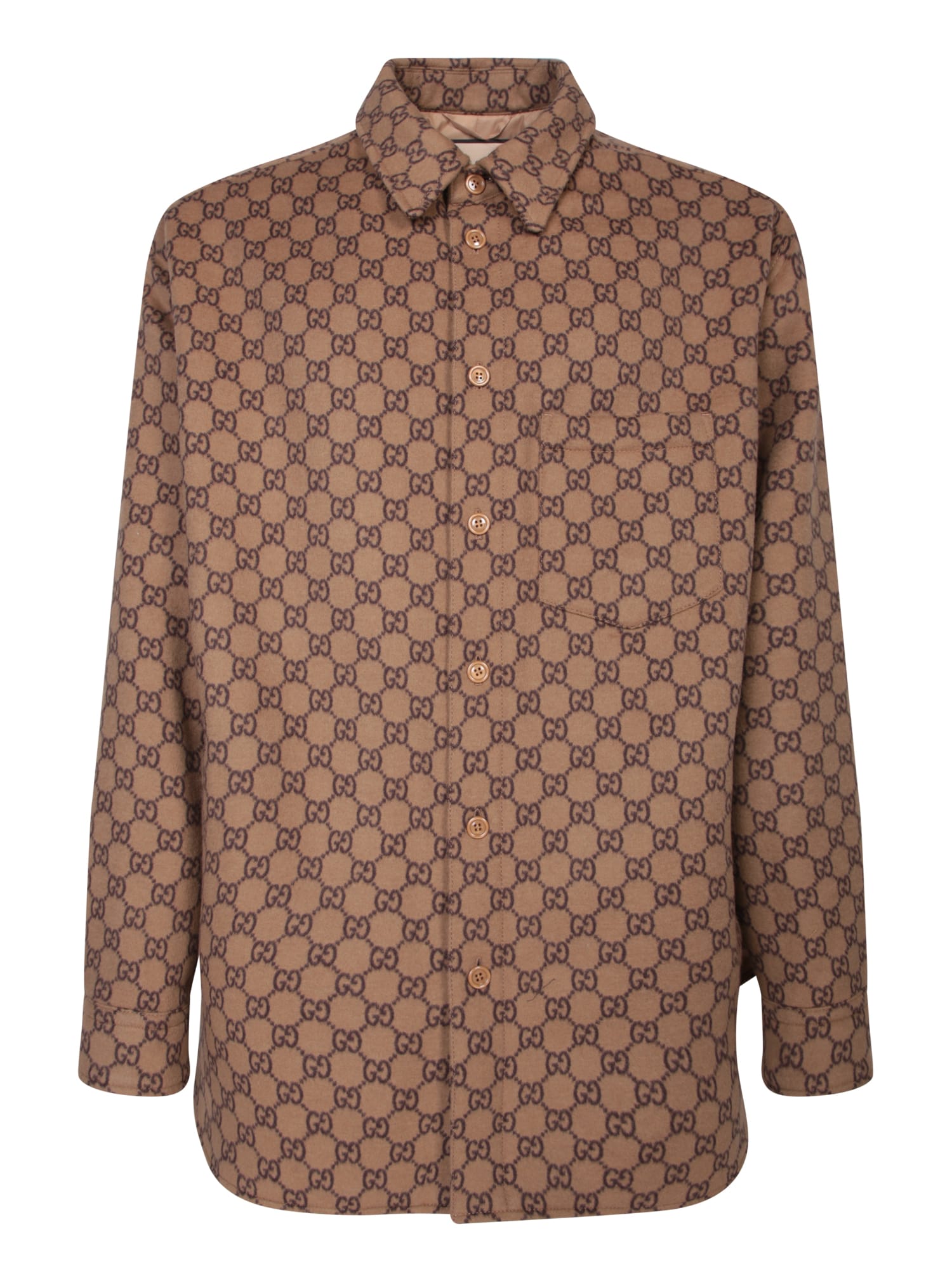 Shop Gucci Gg All-over Beige Overshirt In Brown