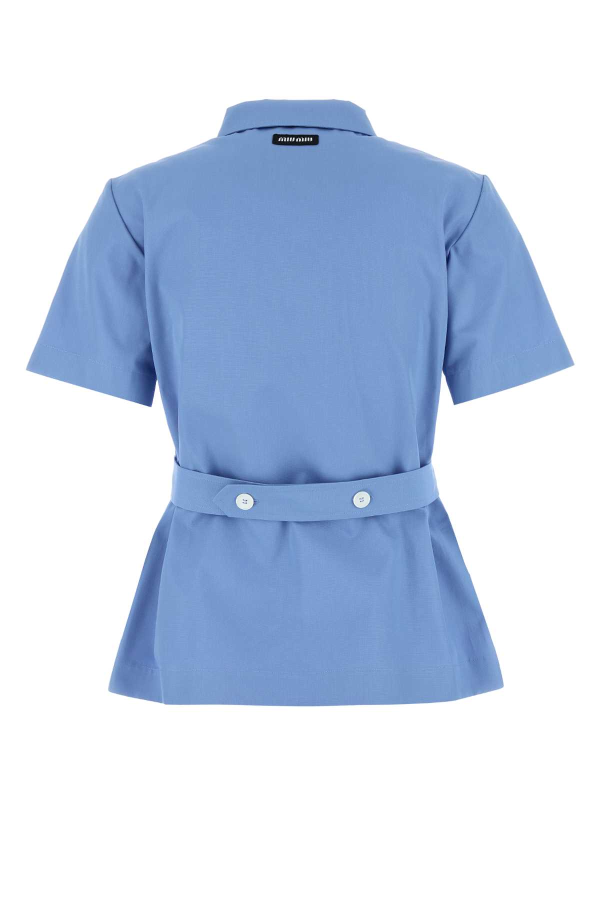 Miu Miu Poplin Shirt Featuring Belted Waist And Buttons In Blue
