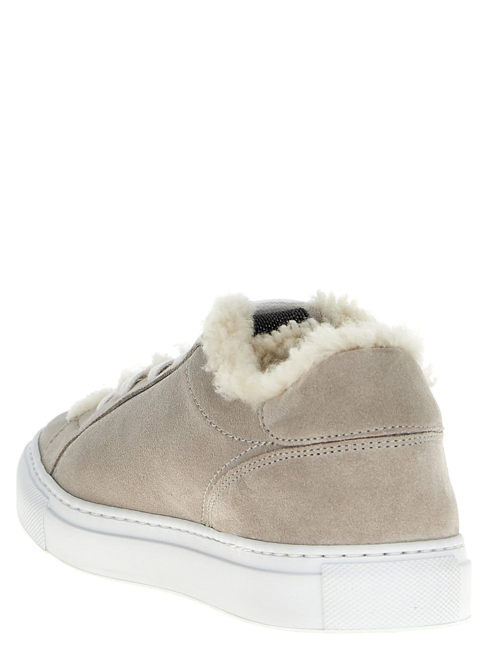 Shop Brunello Cucinelli Suede Fur Sneakers In Gray