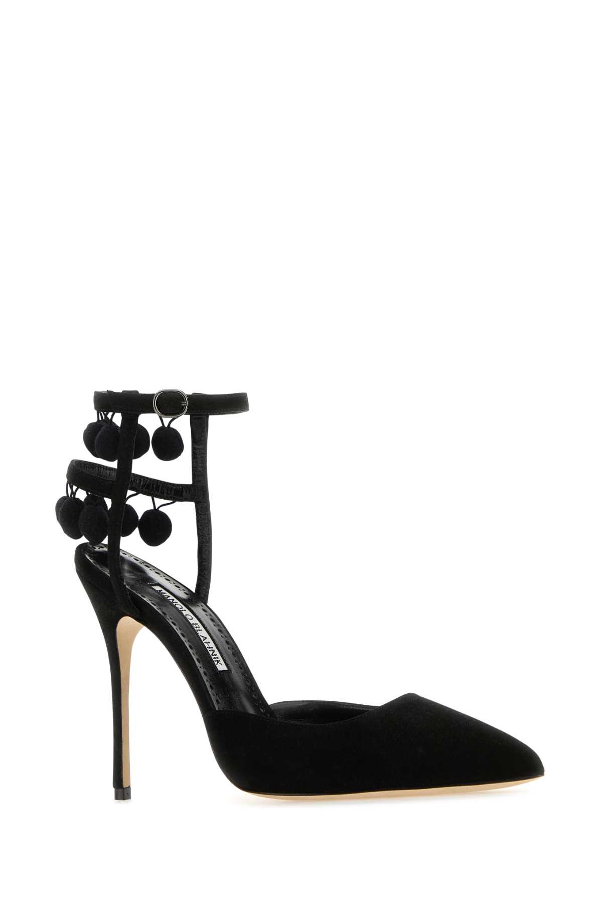 Manolo Blahnik Tumusami 105 Pom Pom-embellished Suede Pumps In Blck