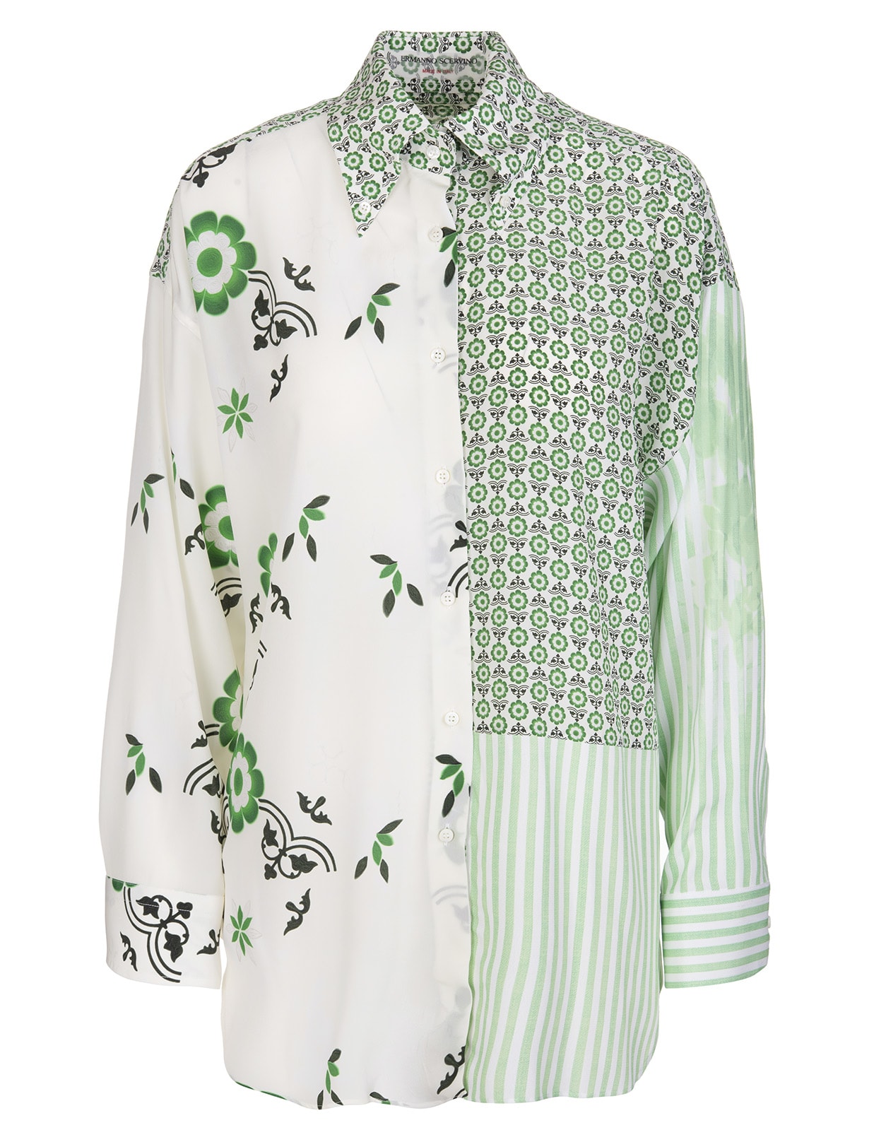 Ermanno Scervino White And Green Oversize Shirt With Striped Patchwork And Flowers