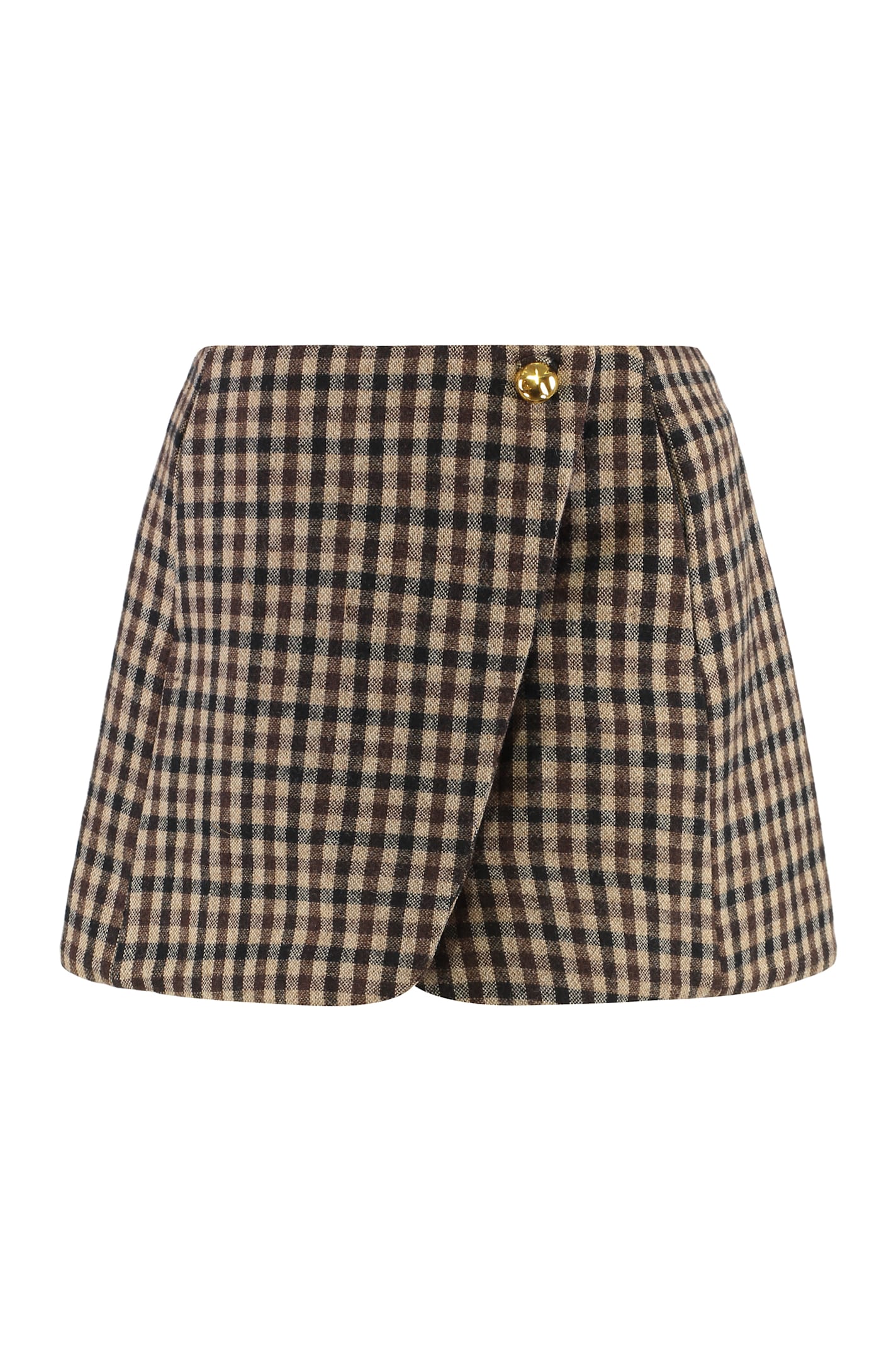 Ganni Womens Chicory Coffee Checked Gold-toned Button Wool-blend Mini Skirt In Brown