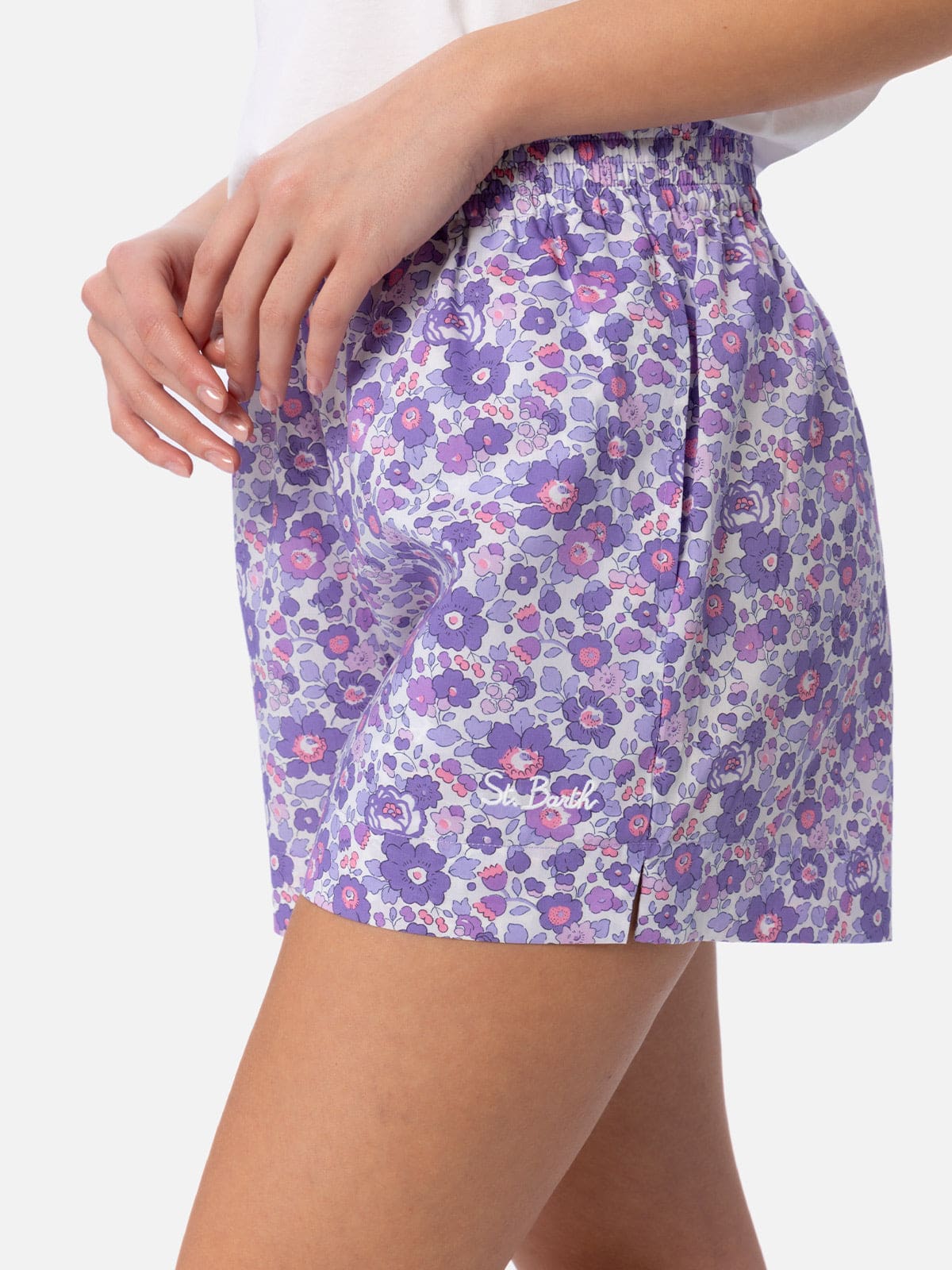 Shop Mc2 Saint Barth Woman Cotton Betsy Pull Up Shorts Meave Made With Liberty Fabric In Lilac