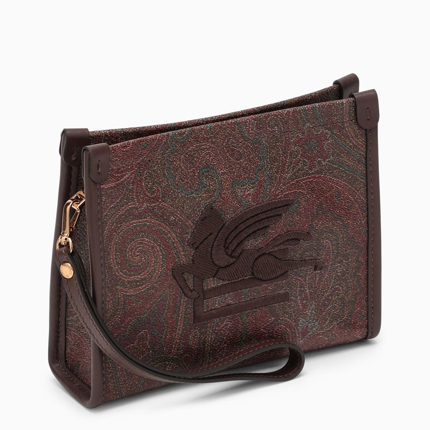 Shop Etro Paisley Clutch Bag In Coated Canvas With Logo In Marrone