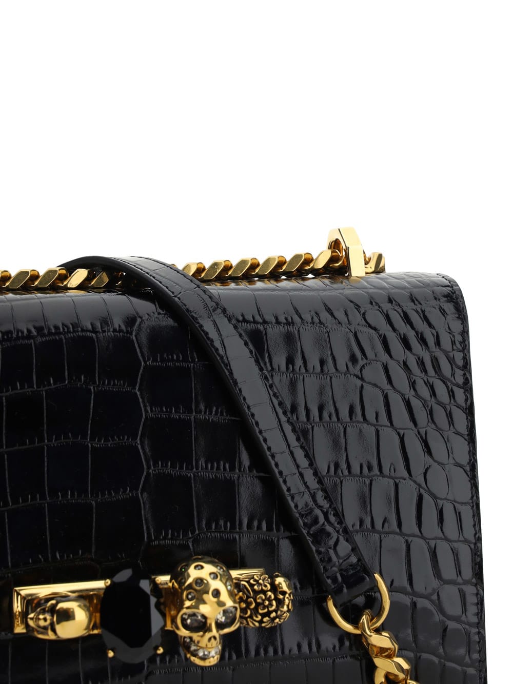 Alexander Mcqueen Black And Golden Jewelled Satchel Bag In Nero