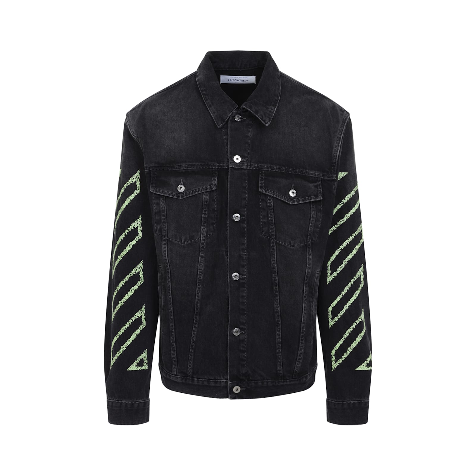 Off-white Diagonal Arrow Outline Embroidered Denim Skate Jacket In Vintage Black