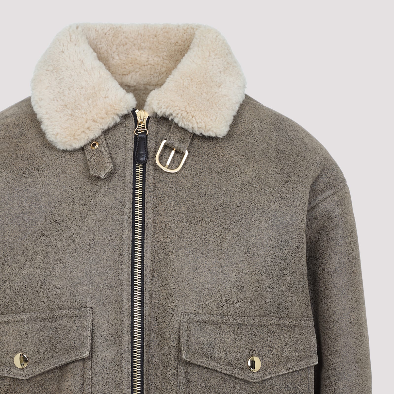 Celine Shearling Collar Leather Jacket With Adjustable Strap