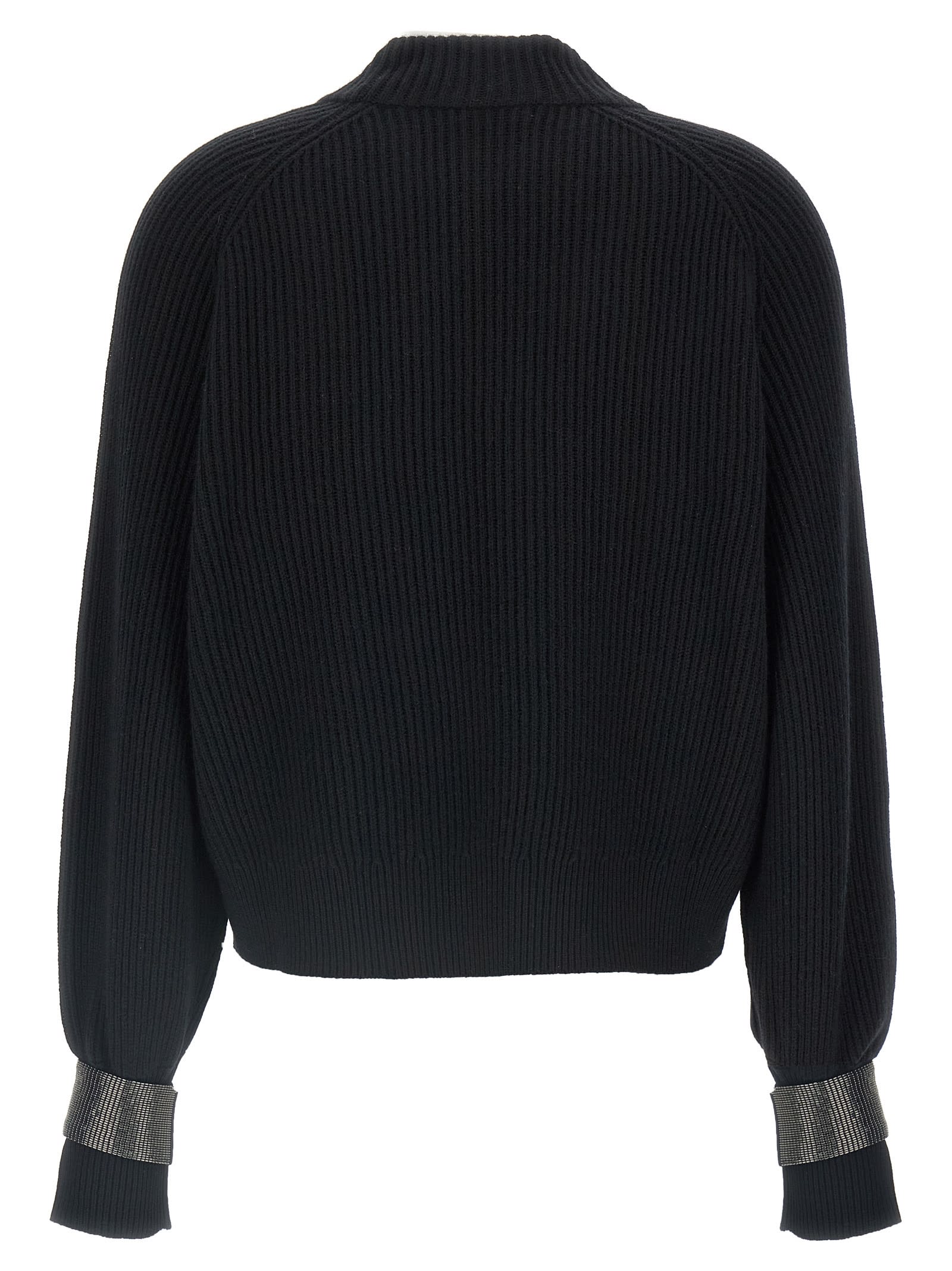 Brunello Cucinelli Ribbed High Neck Sweater With Cuffed Sleeves In Blue