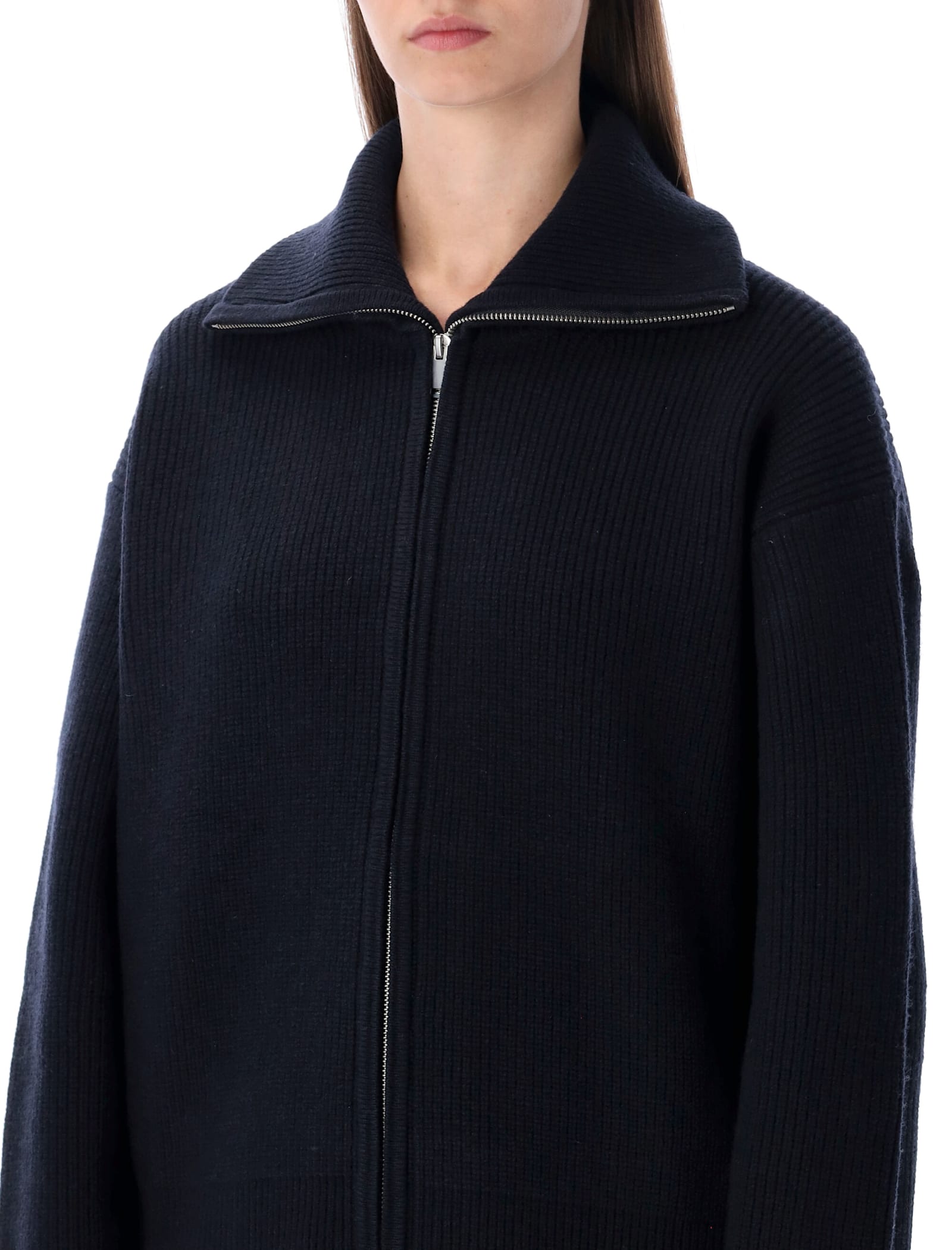 Studio Nicholson Sandos Navy Merino Wool Zipped Cardigan In Black