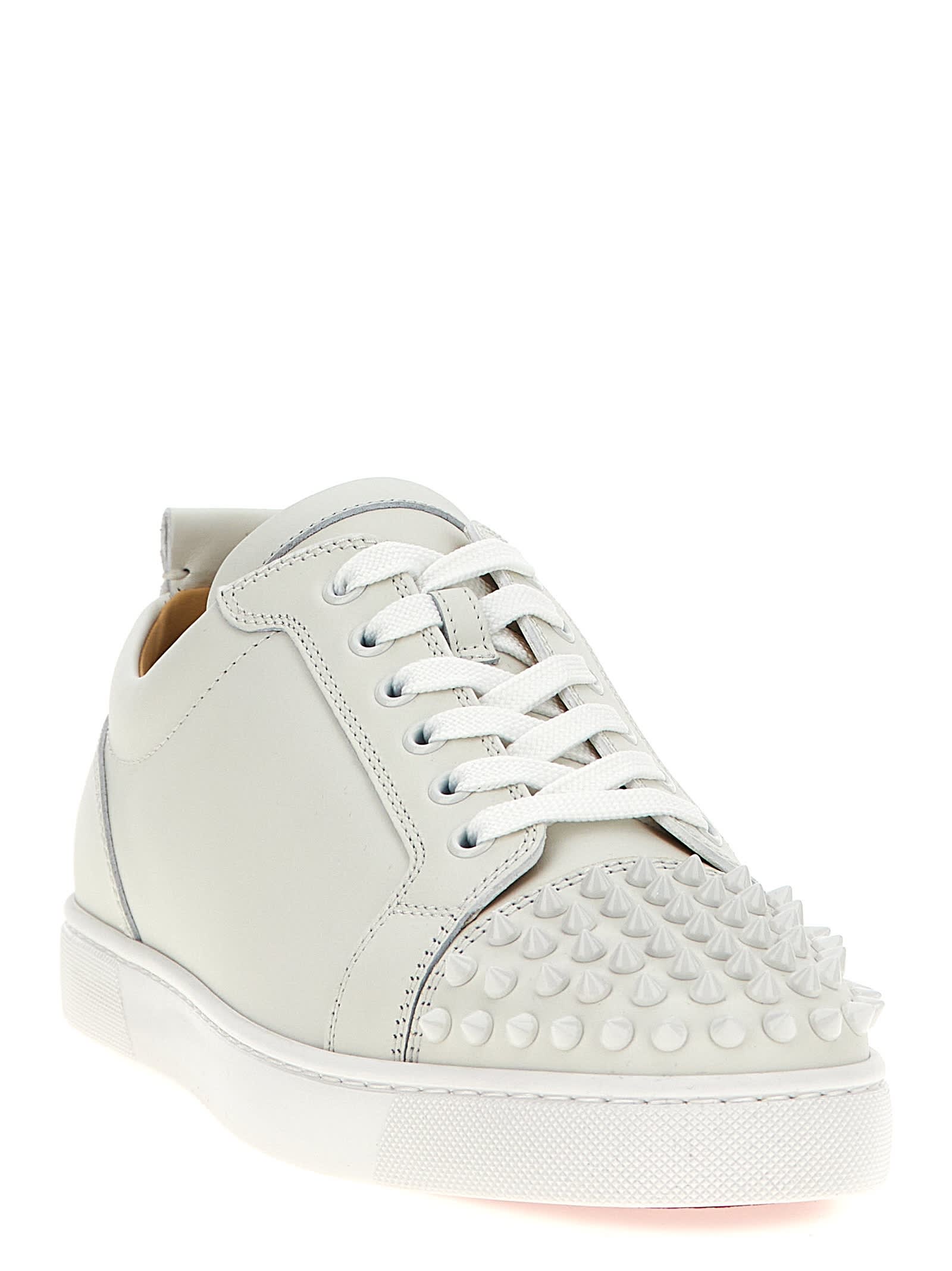 Christian Louboutin Louis Junior Spikes Cap-toe Full-grain Leather Sneakers In White