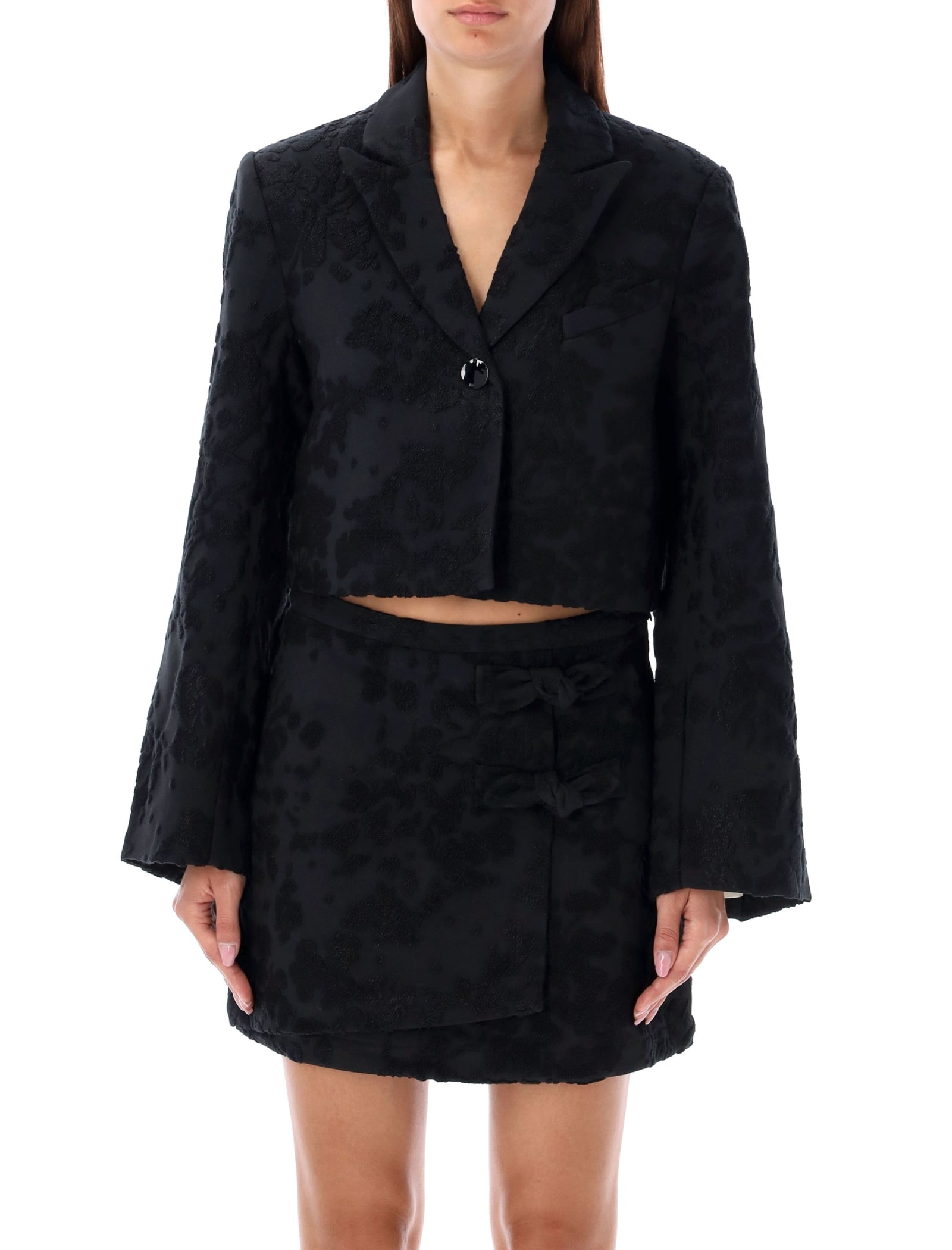 Shop Ganni Cropped Blazer Jacquard In Black