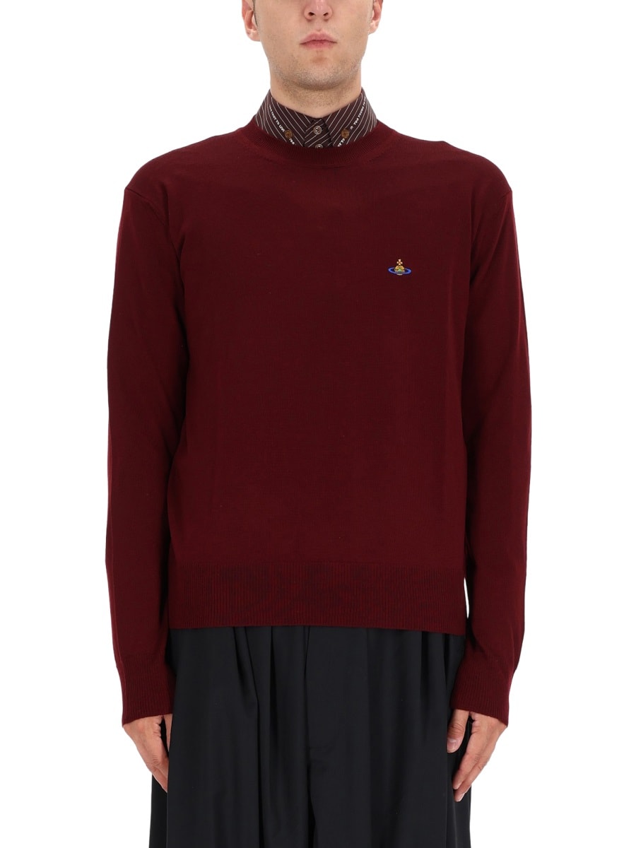 Vivienne Westwood Bordeaux Crew Neck Sweater With Dropped Shoulders And Orb Logo On The Front In Wool Blend Man In Brown