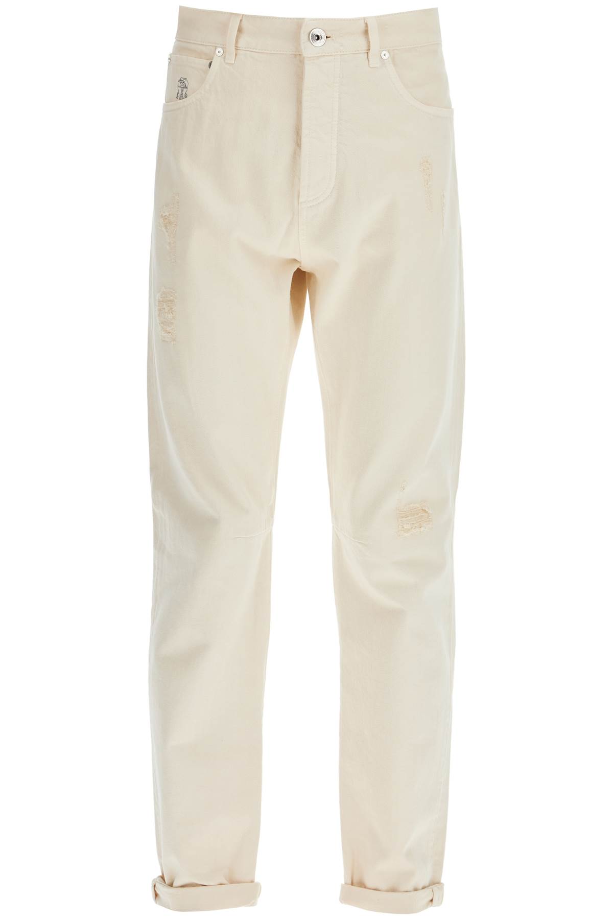 Shop Brunello Cucinelli Destroyed Leisure Fit Jeans With Distressed Details. In Off White