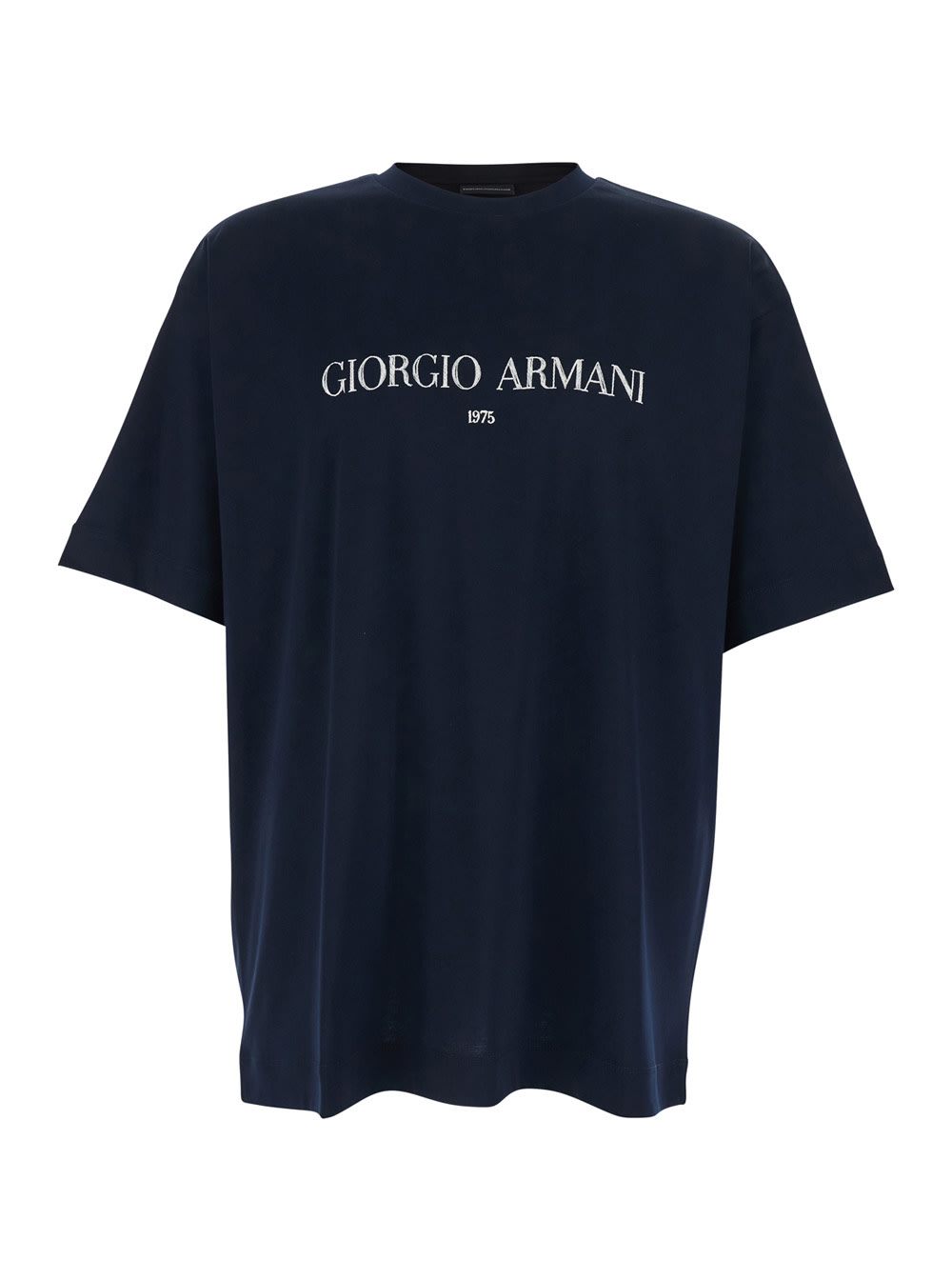 Giorgio Armani Blue Crewneck T-shirt With Logo Lettering On The Front In Cotton Man