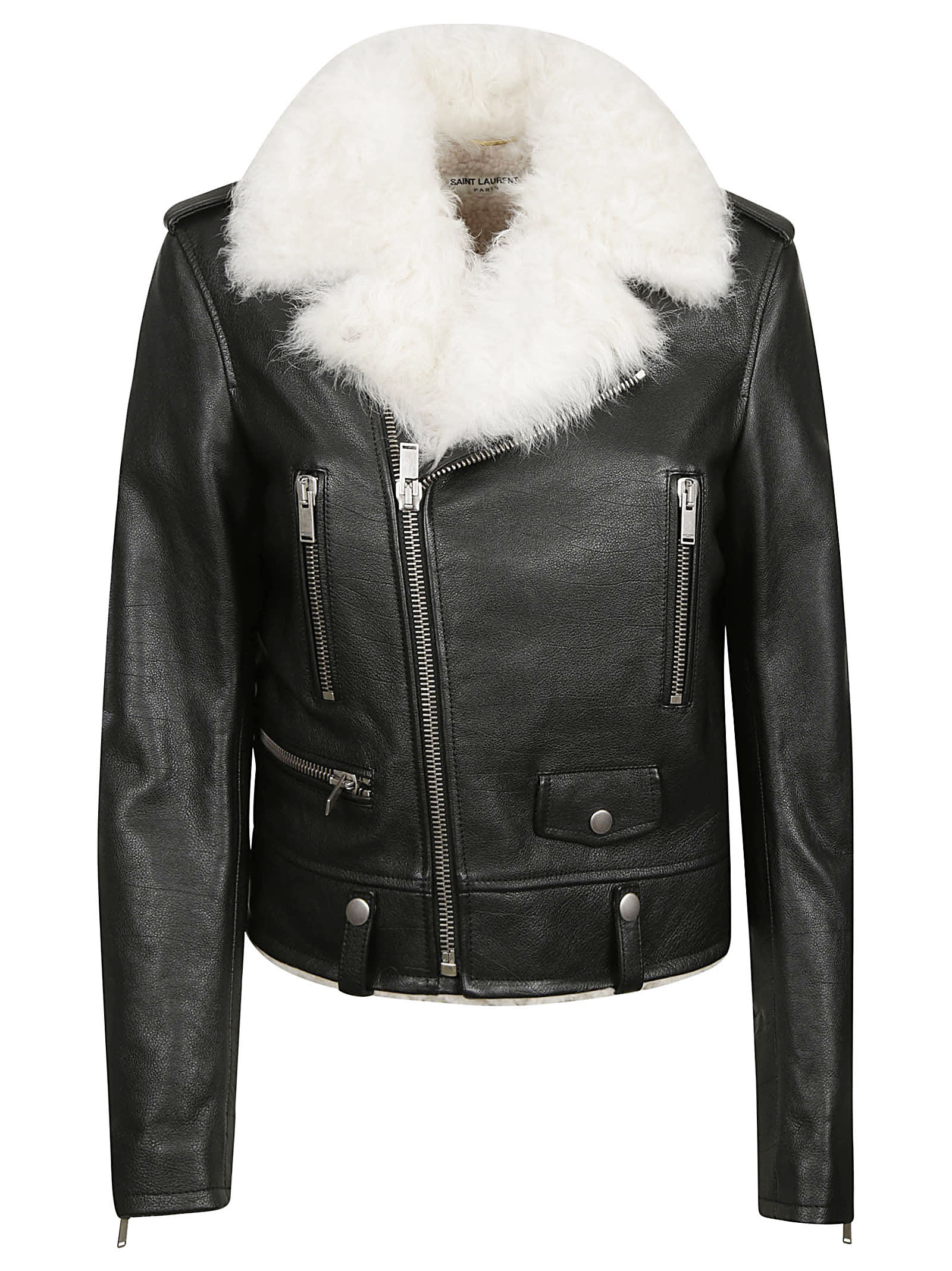 Saint Laurent Furry Collar Zip Biker Jacket