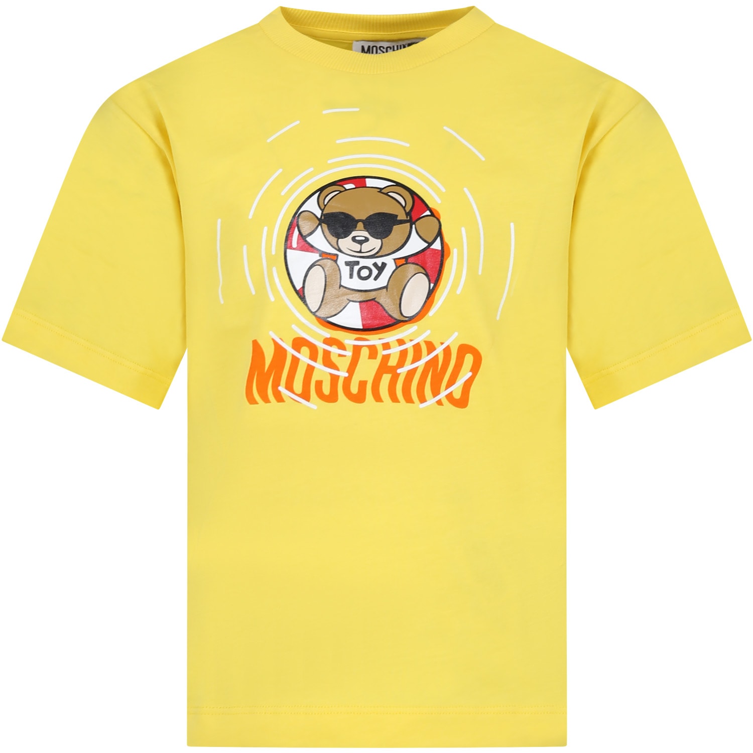 Moschino Yellow T-shirt For Kids With Multicolored Print And Teddy Bear